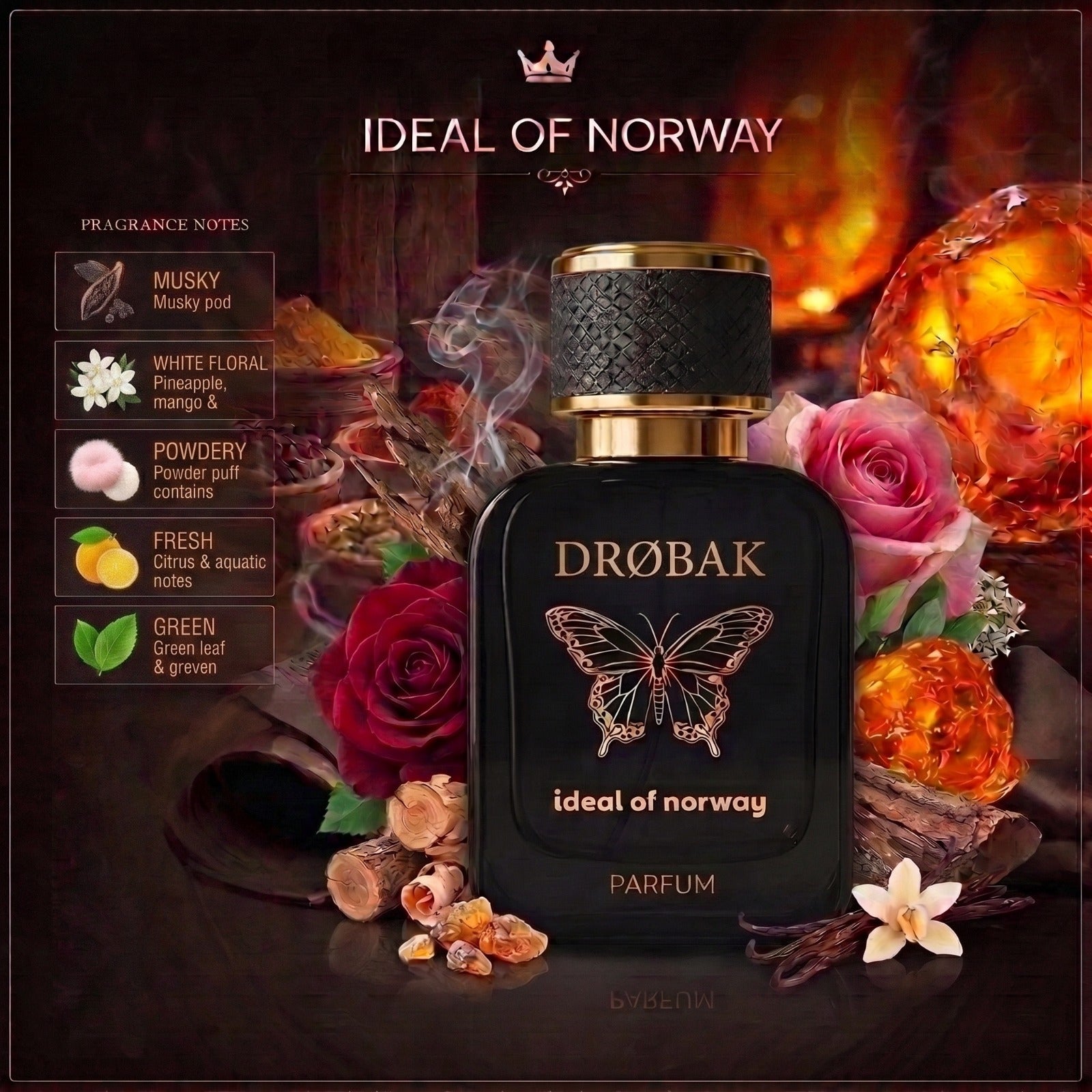 Drøbak Parfyme Premium luksuriøs unisex parfyme i en elegant glassflaske med eksklusivt design.