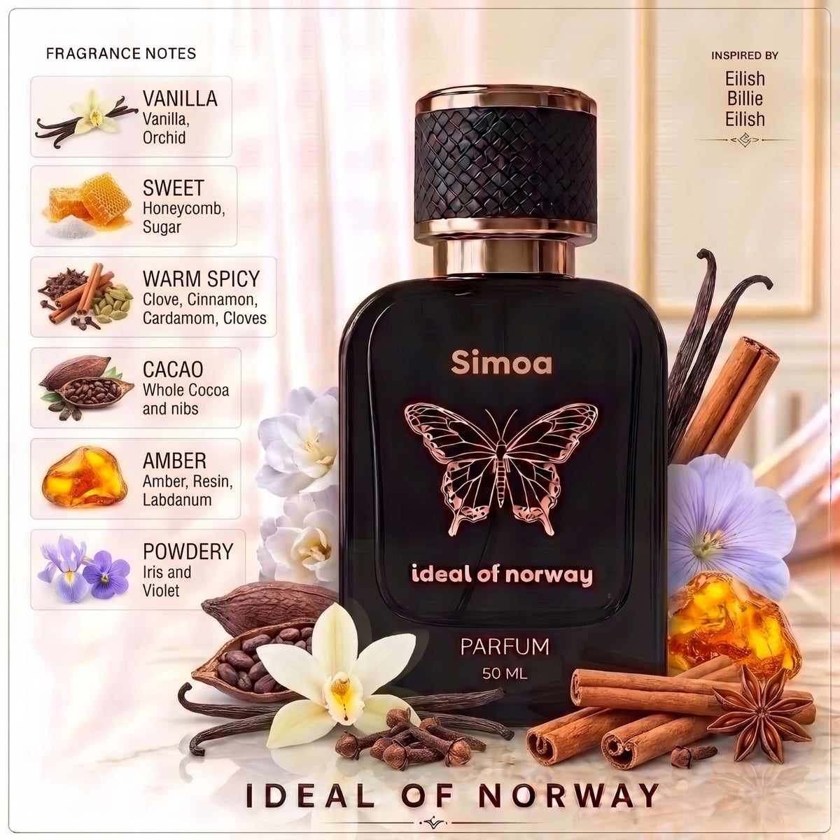 Simoa 50ml parfum bottle with vanilla, cocoa, amber and warm spicy fragrance notes