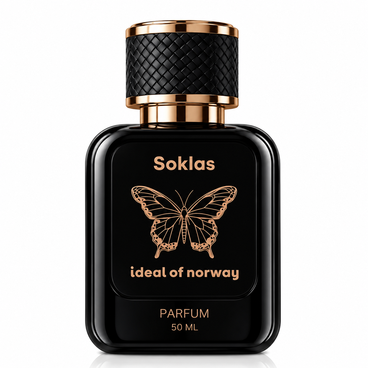 Soklas perfume bottle by Ideal of Norway, 50 ML, black luxury parfum bottle with gold butterfly design.
