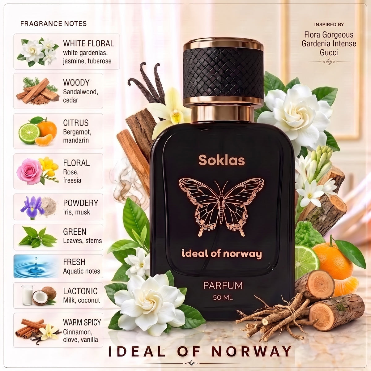 Soklas perfume by Ideal of Norway with white floral, woody, citrus and warm spicy fragrance notes, 50 ML.