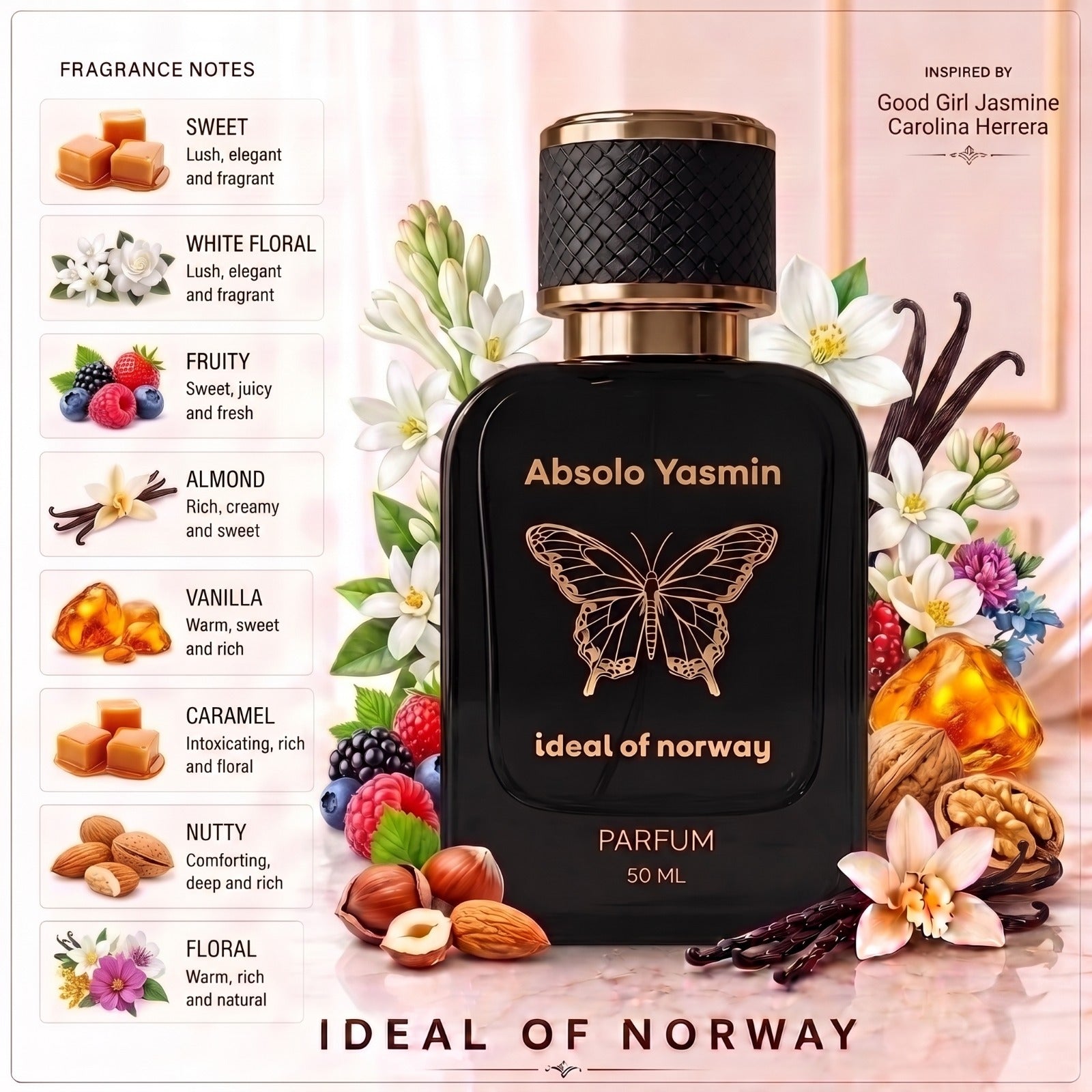Absolo Yasmin 459 Eau de Parfum med duftnoter av jasmin, vanilje, karamell, mandel og hvite blomster.