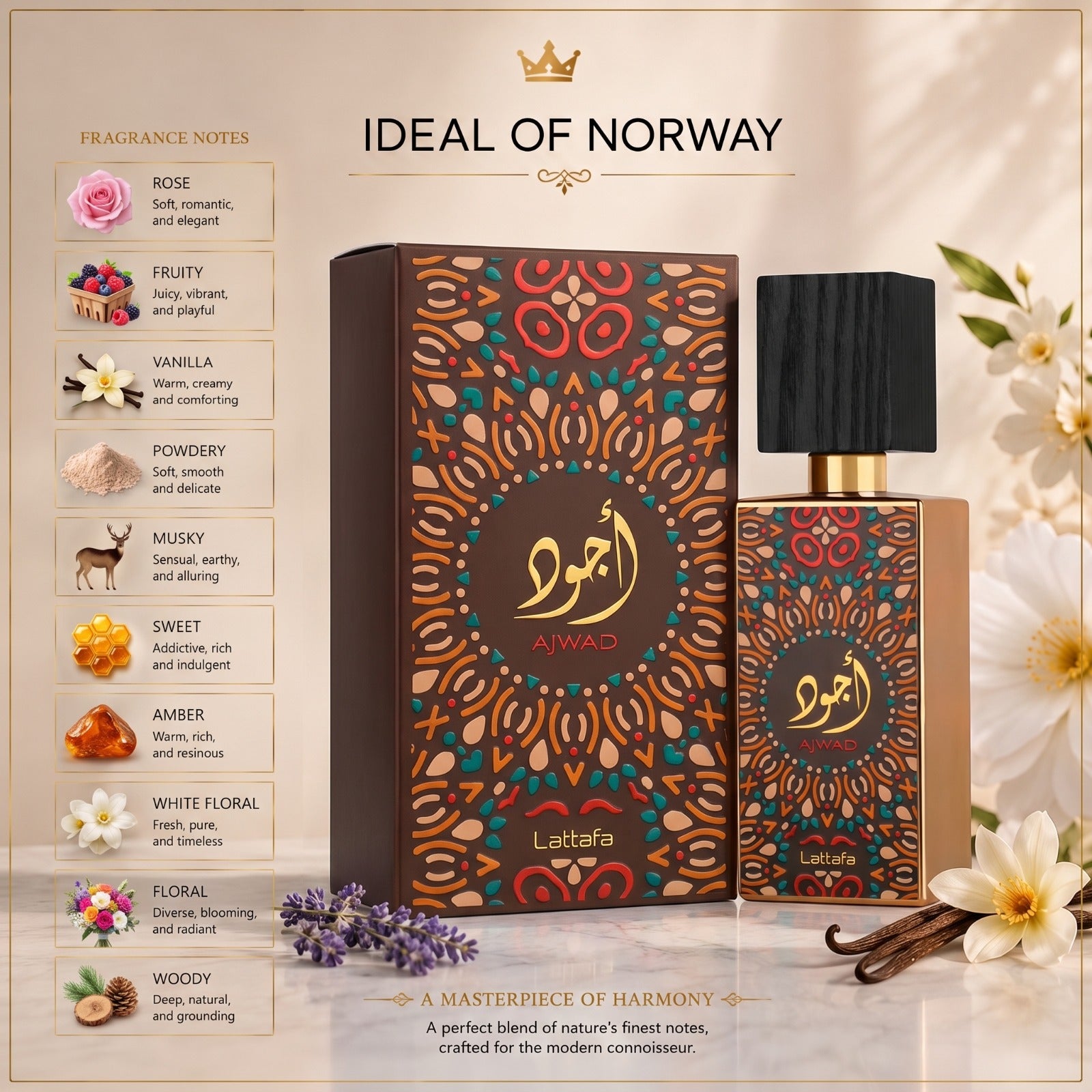 Ajwad Eau de Parfum med fruktige, blomstrete, amber- og vaniljenoter i en eksklusiv flaske.