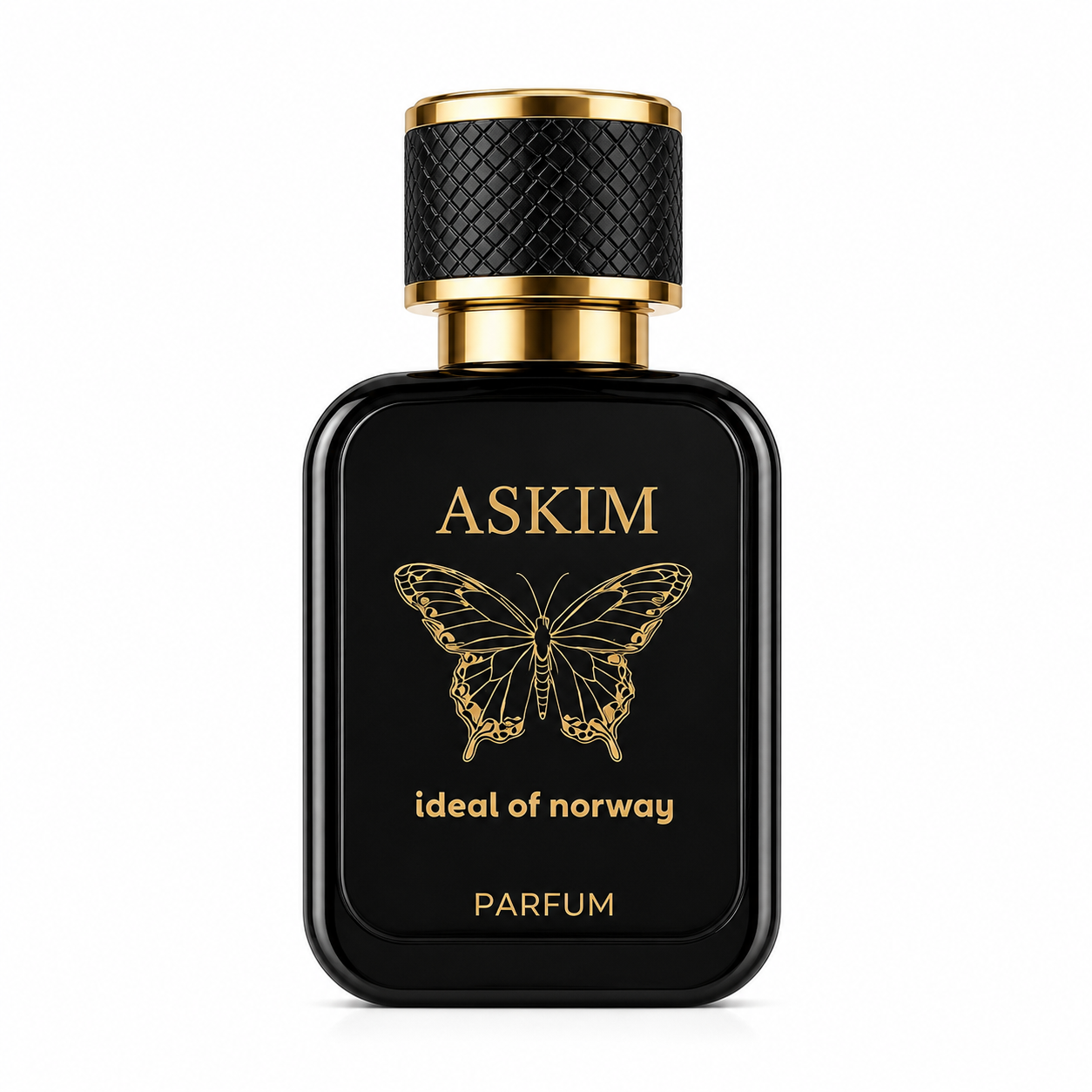 Ideal of Norway Askim Parfyme med aromatiske, friskt krydrede, varmt krydrede, oud-, tre-, lær-, metalliske og tobakksduftnoter vist sammen med den svarte parfymeflasken.