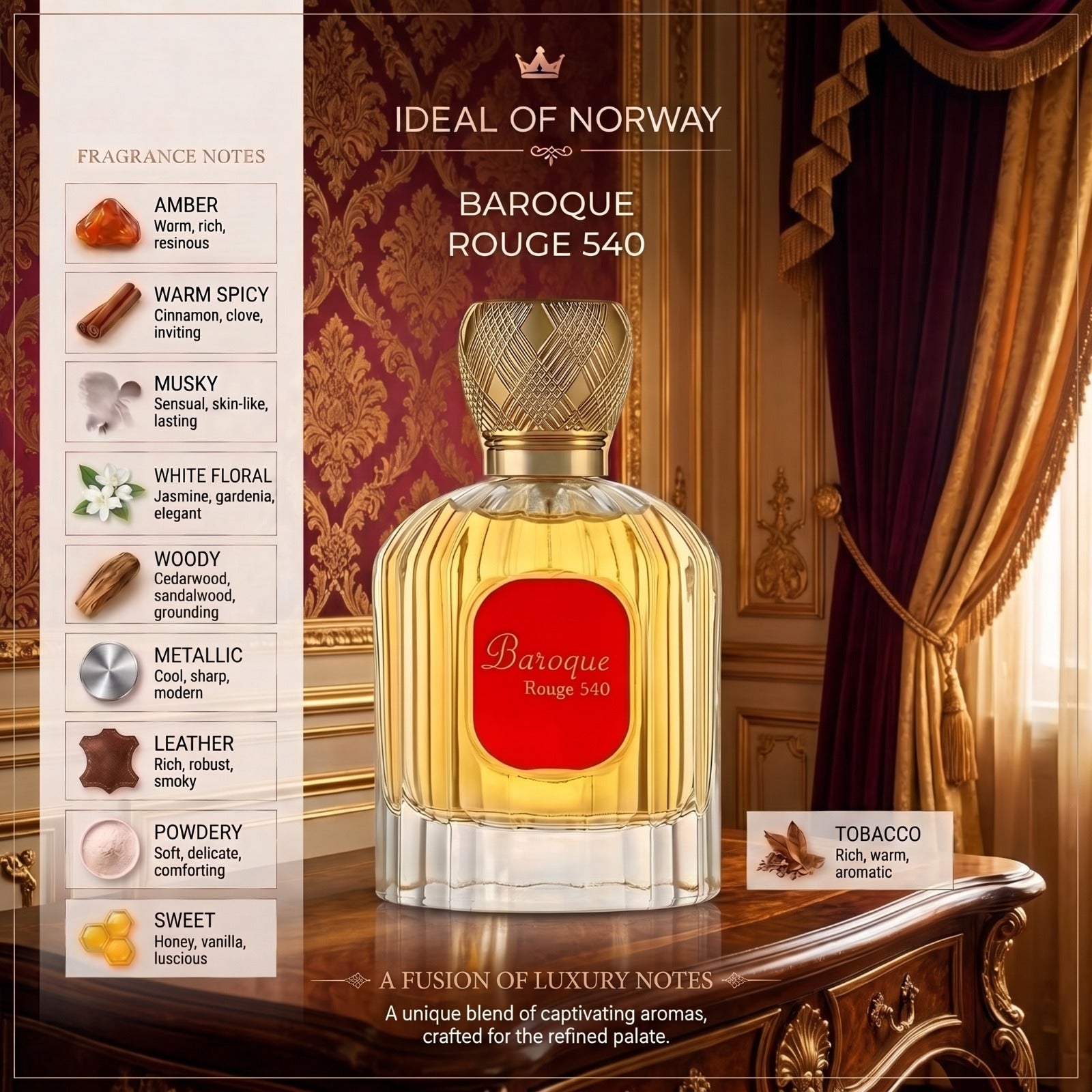 Baroque Rouge 540 Eau De Parfum med amber-, blomster- og treaktige duftnoter i luksuriøst flaskedesign.