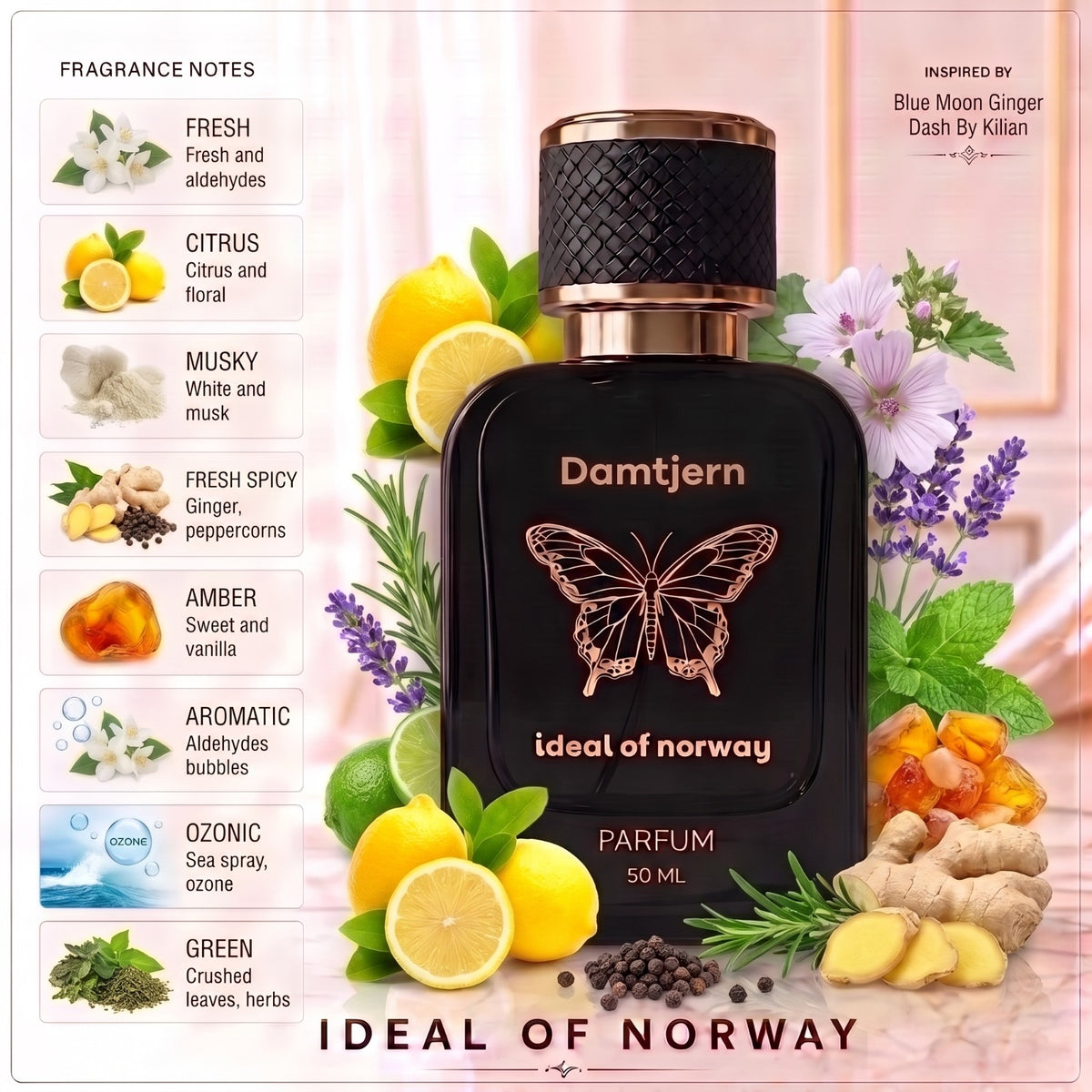 Damtjern 472 fragrance notes – fresh, citrus, musky, ginger, amber, ozonic and green notes.