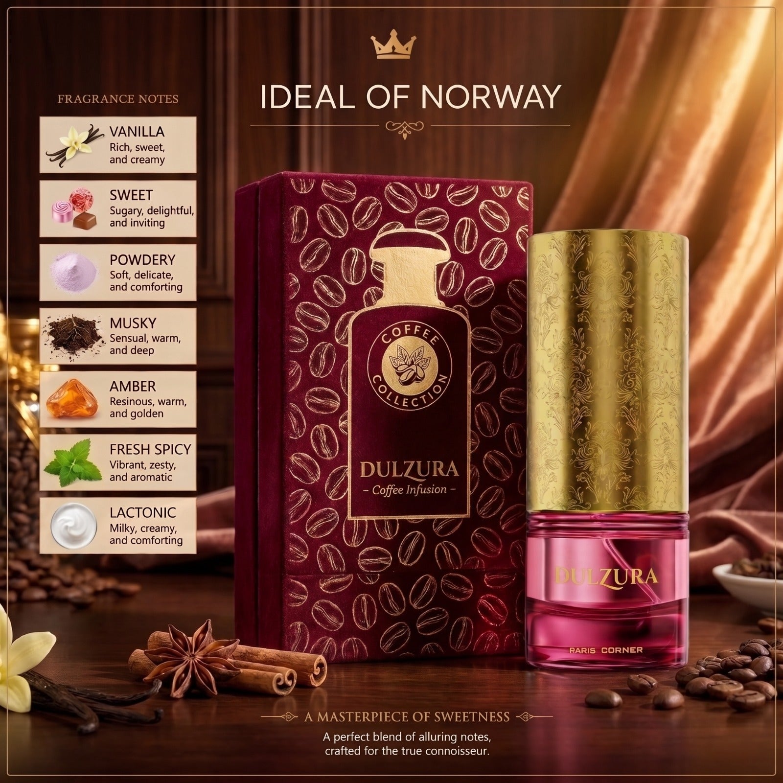 Dulzura Coffee Infusion Luxury Perfume med fyldige kaffetoner, gourmandakkorder og varm vanilje.