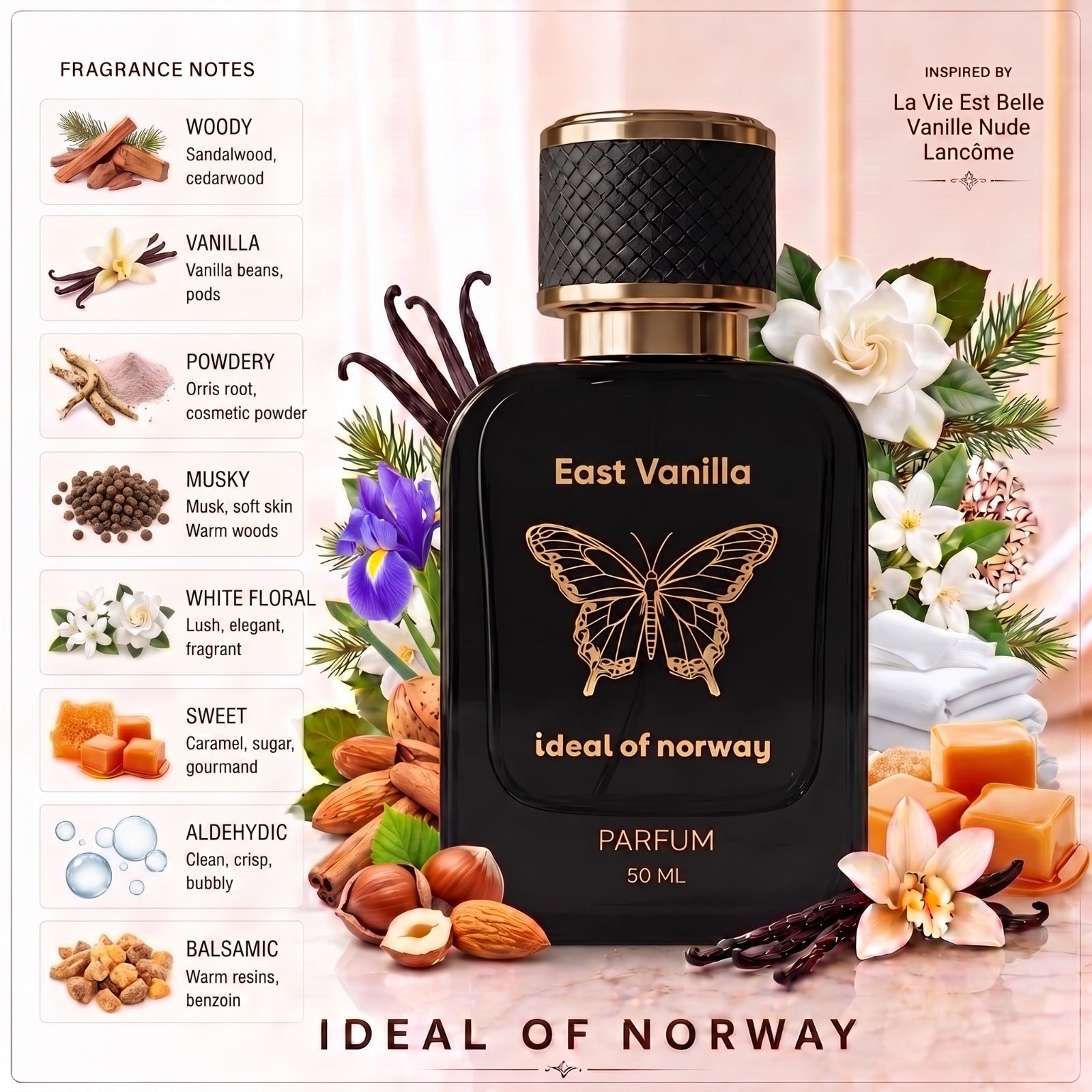 East Vanilla 447 Eau De Parfum til dame og herre fra Ideal of Norway – luksuriøs unisex-parfyme med vanilje, musk, hvite blomster og gourmand-noter.