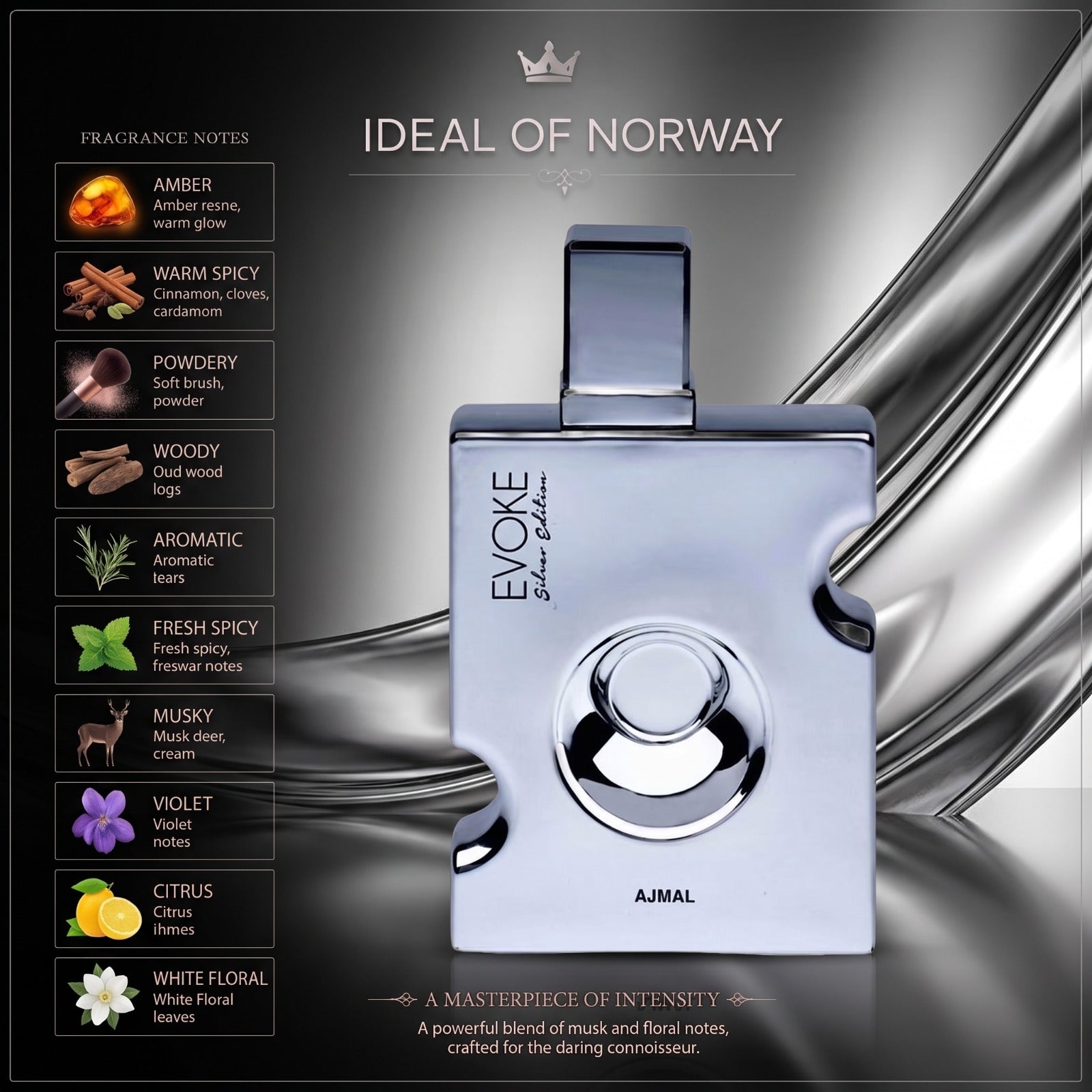 Evoke Silver Edition deodorant body spray in a silver aerosol can with a modern metallic design.