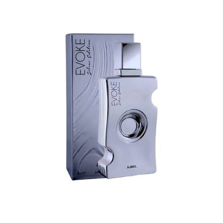 Evoke Silver Edition Eau de Parfum perfume bottle with matching silver box and metallic finish.