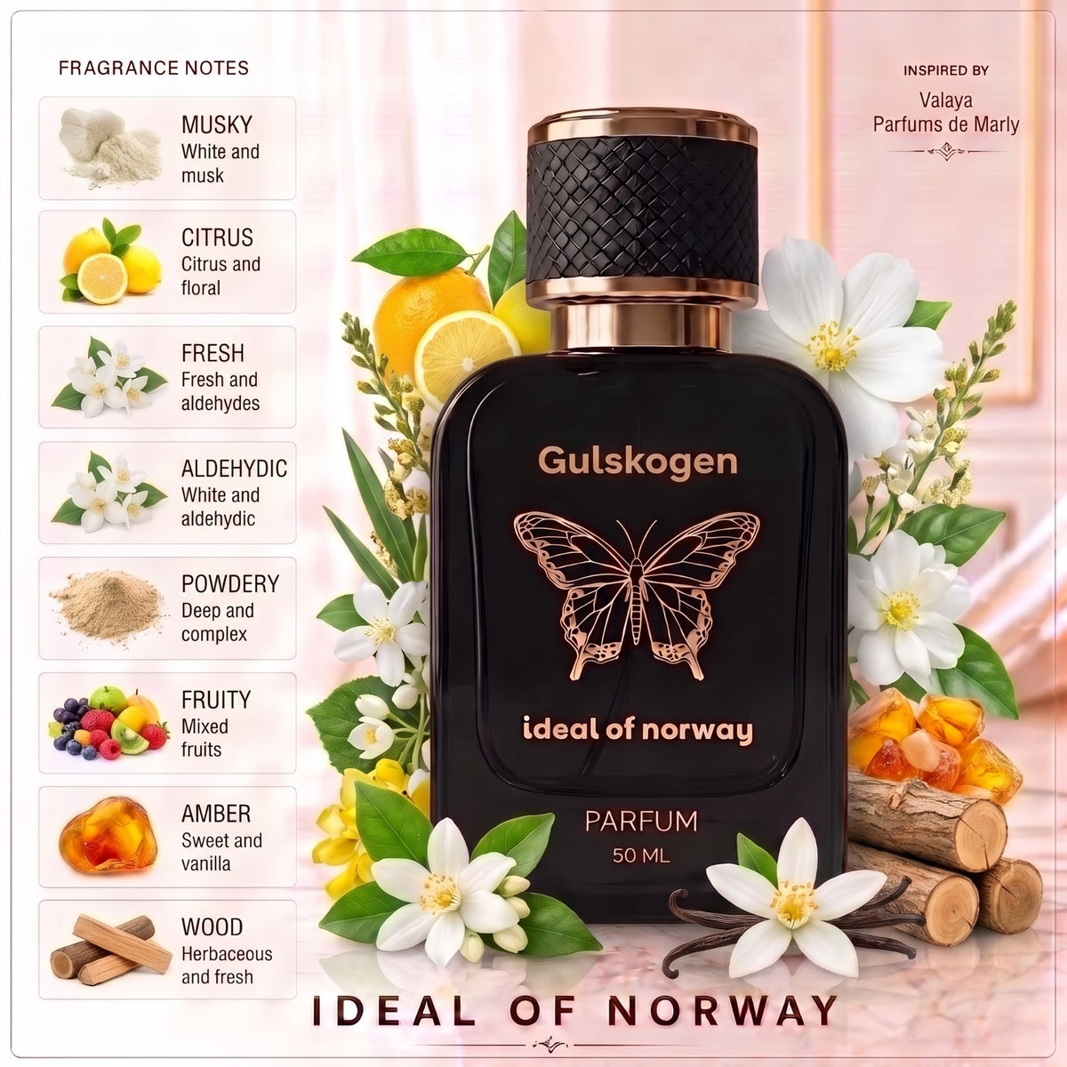 Gulskogen fragrance notes – musky, citrus, fresh, aldehydic, powdery, fruity, amber and woody notes.
