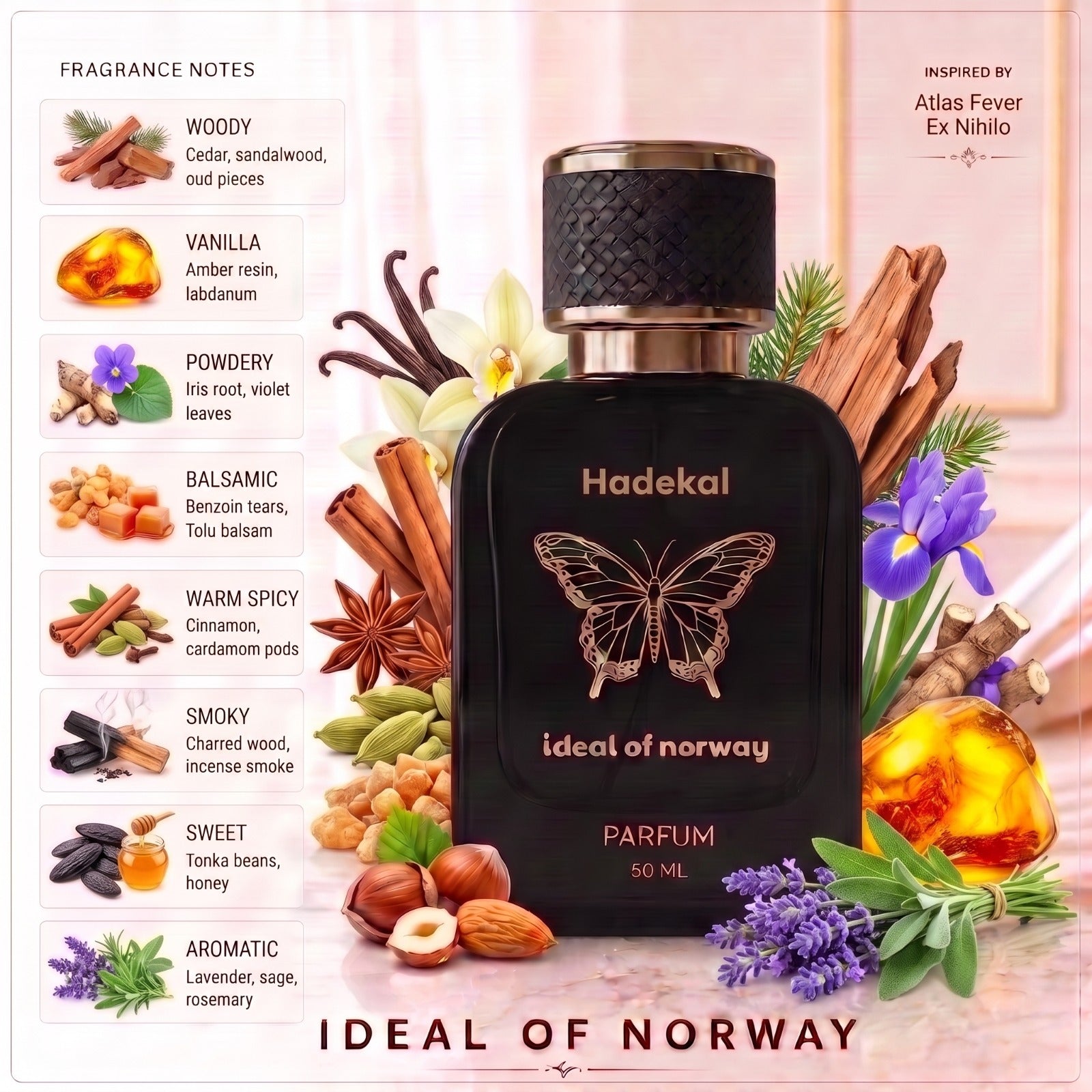 Hadekal perfume fragrance notes with woody, vanilla, iris and spicy accords