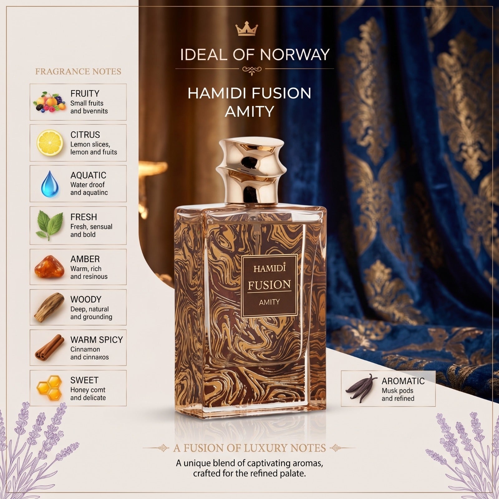 Hamidi Fusion Amity Eau De Parfum med elegante duftnoter og luksuriøst flaskedesign.