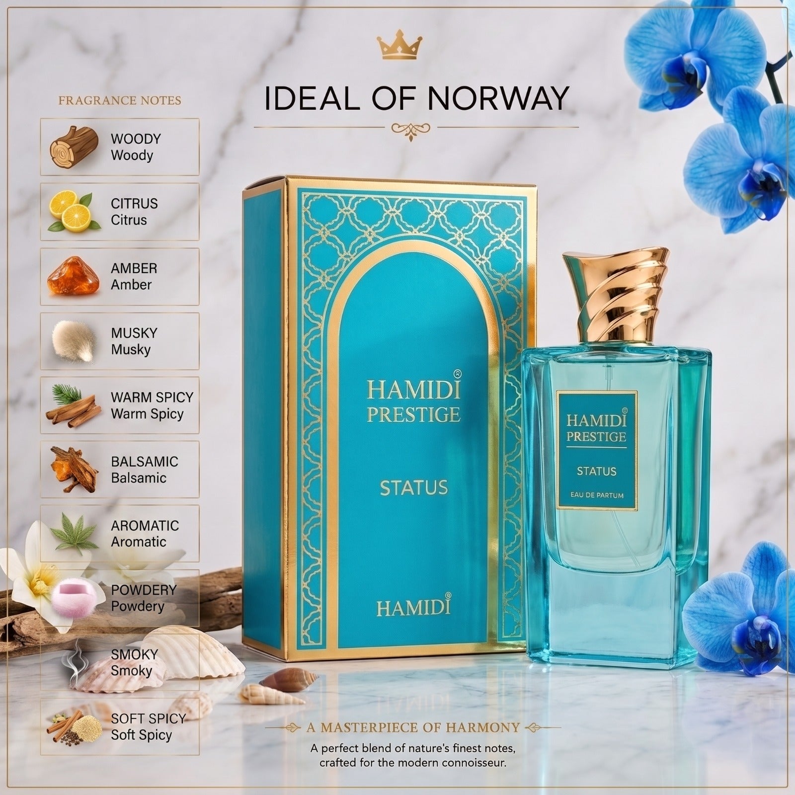 Hamidi Prestige Eau De Parfum med orientalske, amber- og treaktige duftnoter.