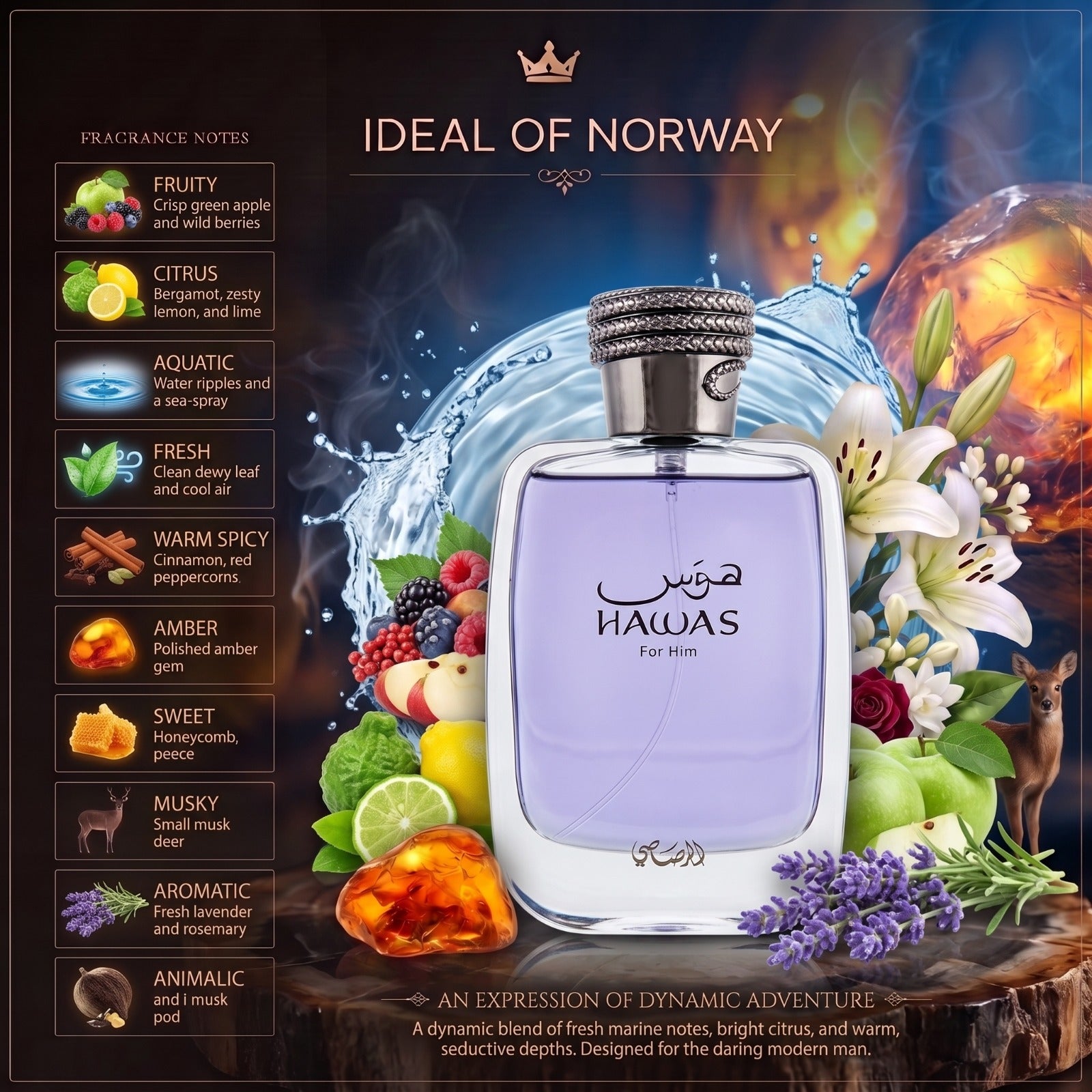 Hawas For Him Eau de Parfum med fruktige, sitrus-, akvatiske og amber-inspirerte duftnoter.