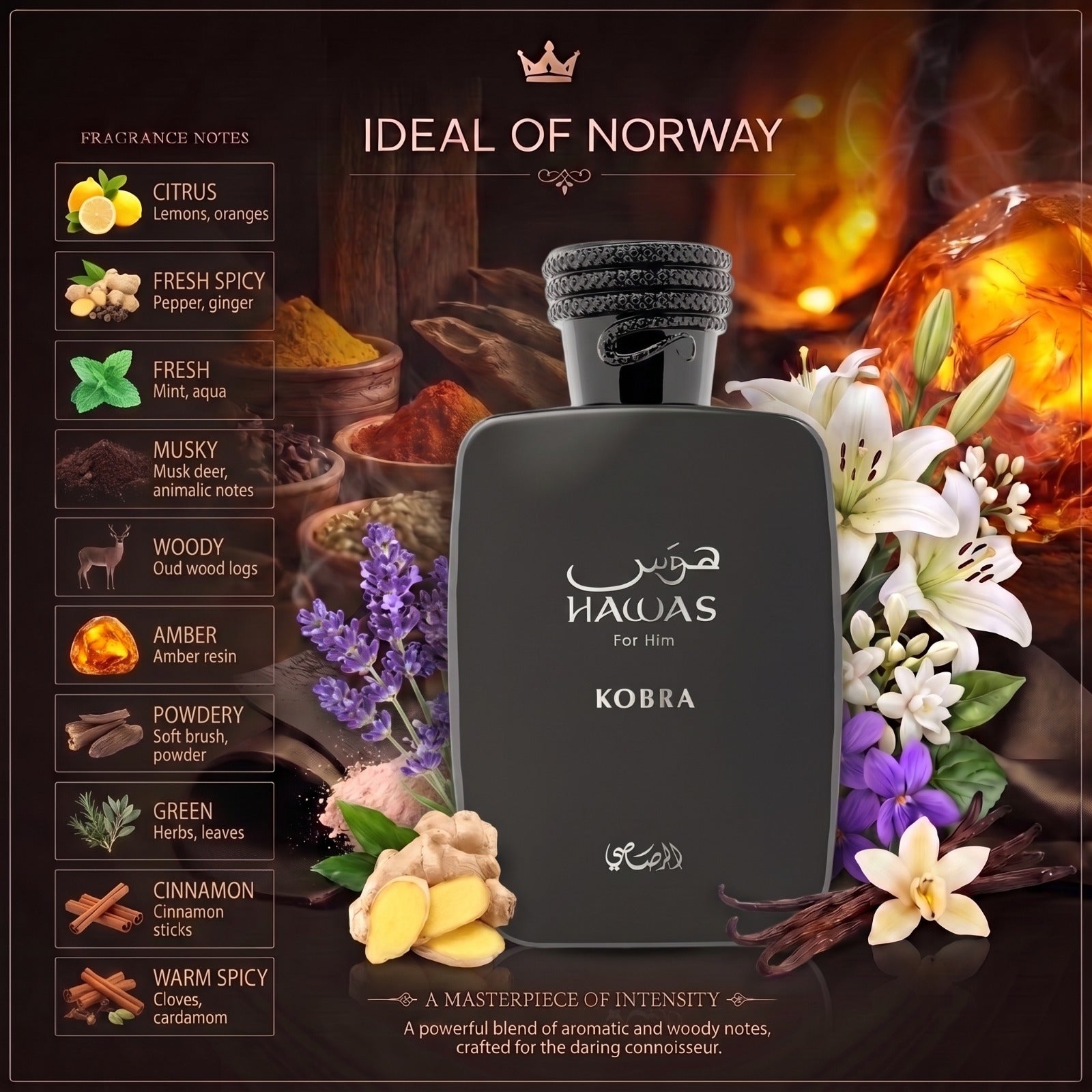 Hawas Kobra Eau de Parfum med friske, krydrede, treaktige og amber-inspirerte duftnoter