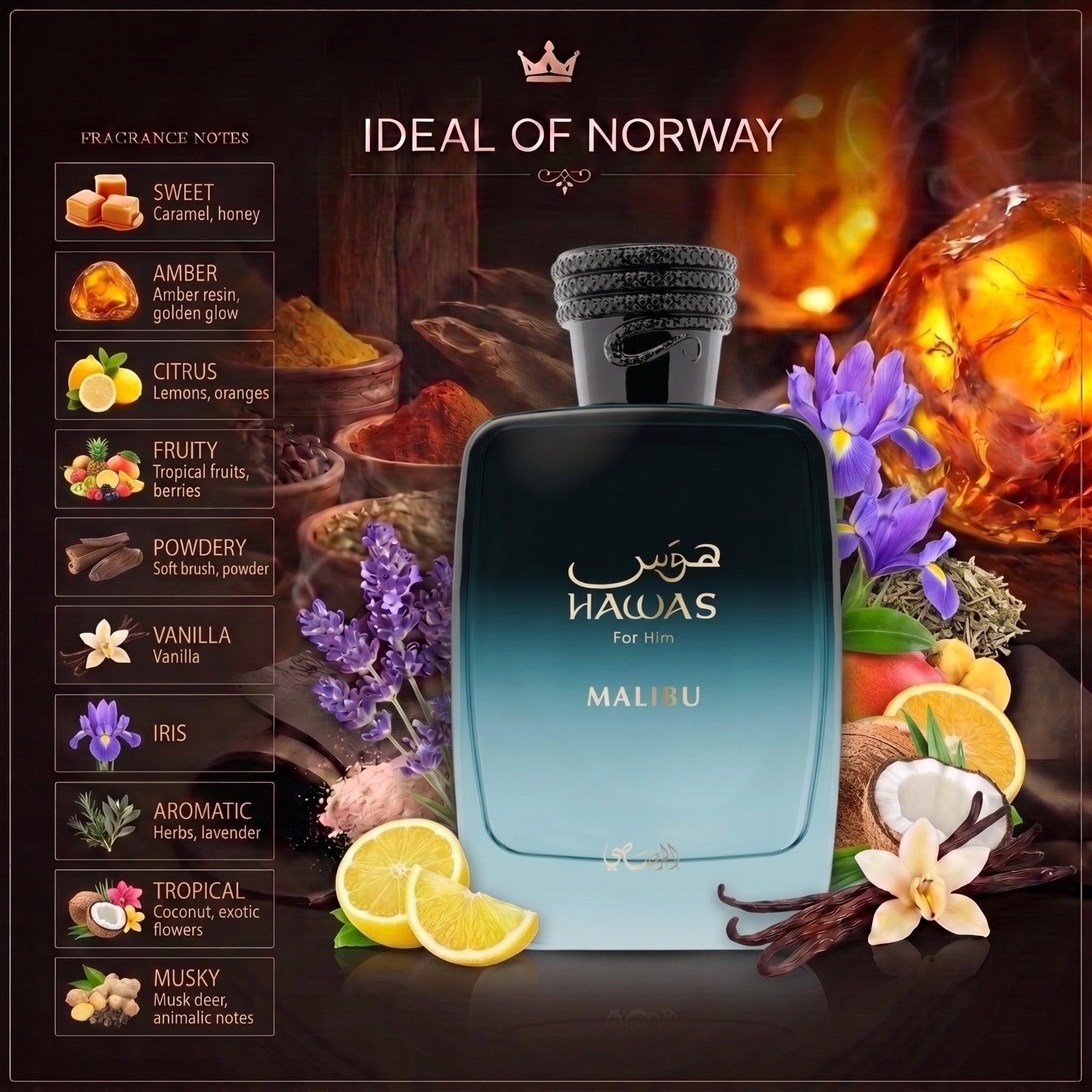 Hawas Malibu Eau de Parfum med tropiske, sitrus-, akvatiske og amber-inspirerte duftnoter.