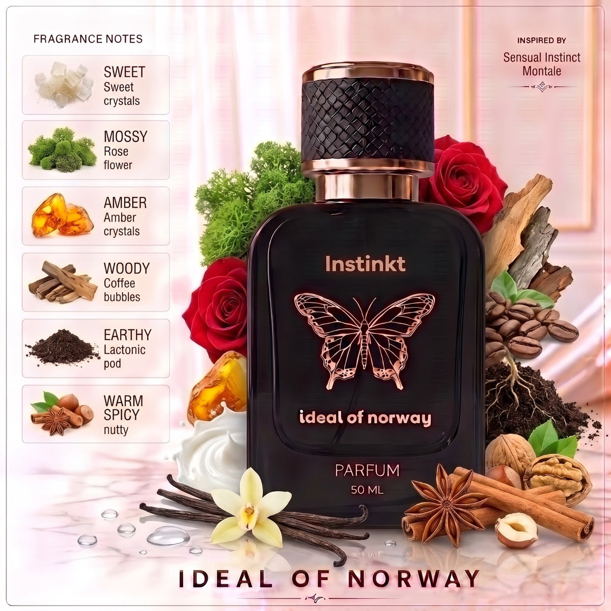 Instinkt 483 fragrance notes with sweet, amber, mossy, woody and warm spicy accords