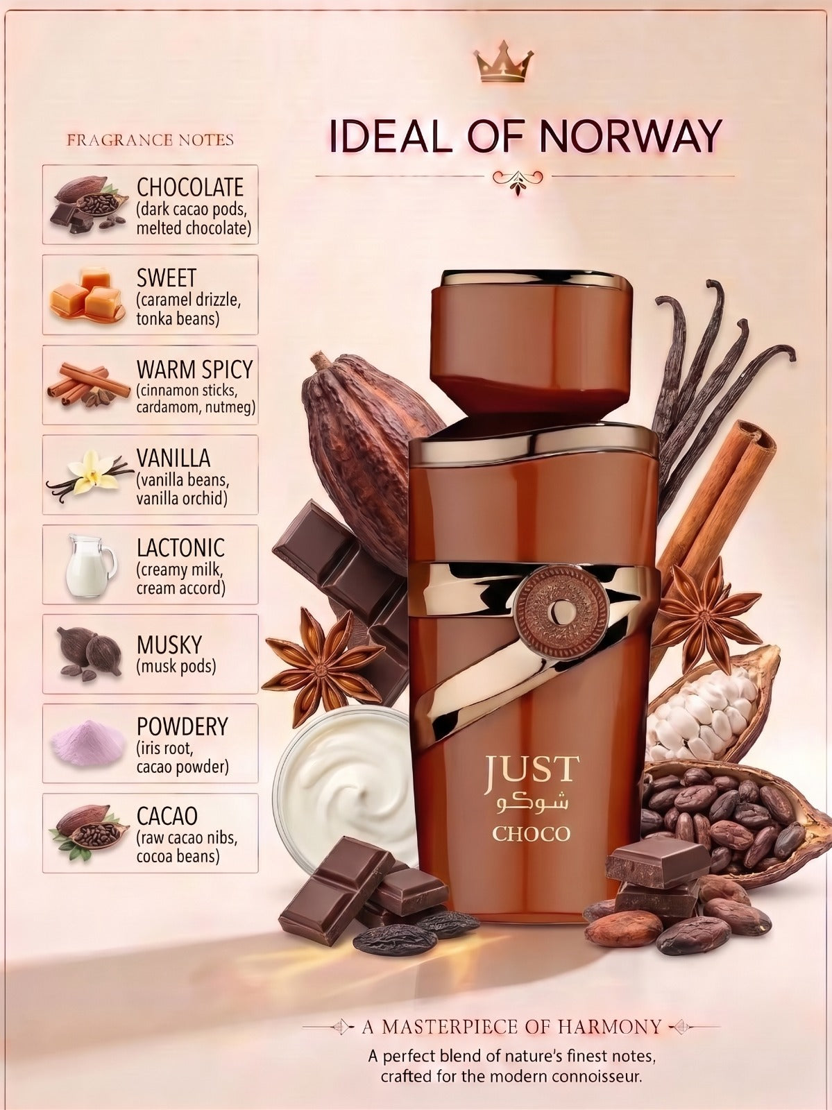 Just Choco fragrance notes with chocolate, vanilla, caramel, milk, musk and cacao