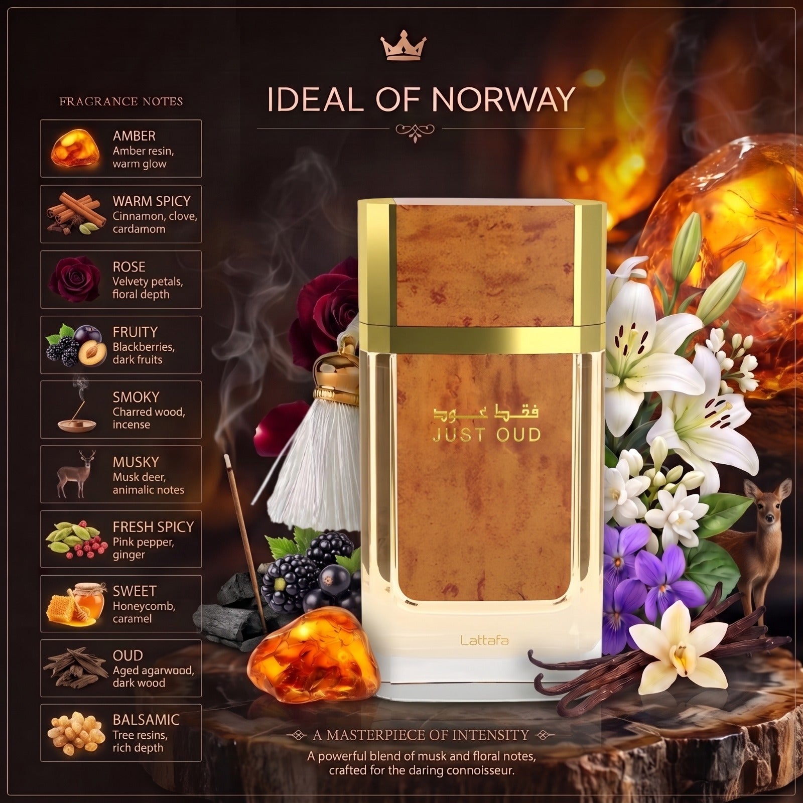 Just Oud Eau de Parfum med oud, amber, rose, smoky og varme krydrede duftnoter i et luksuriøst flaskedesign.
