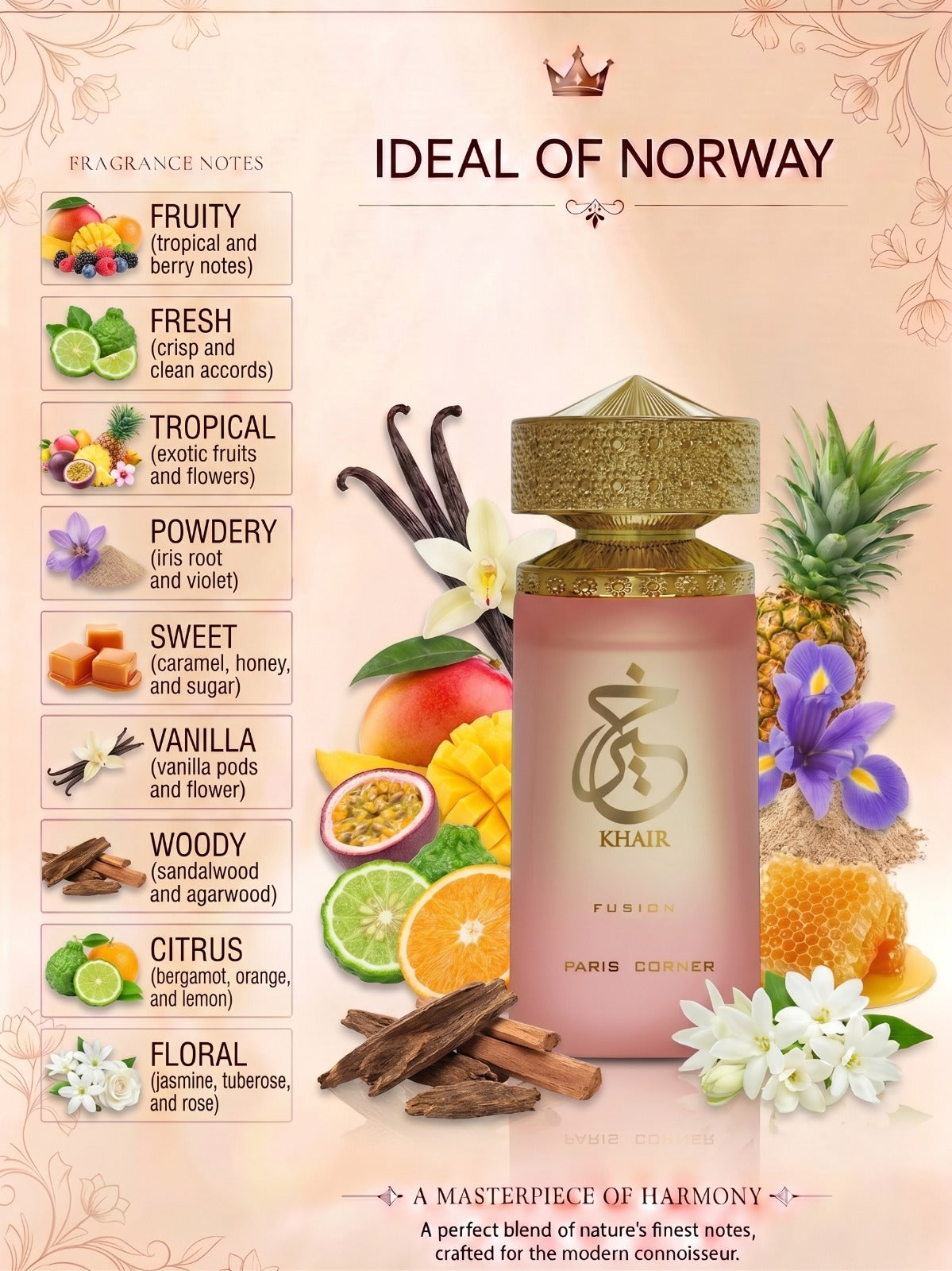 Khair Fusion perfume fragrance notes with vanilla, citrus, fruity, woody and floral accords