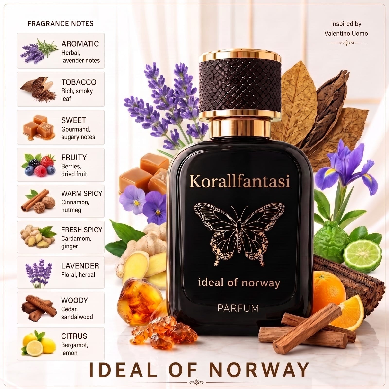 Korallfantasi 306 Eau De Parfum Til Dame & Herre fra Ideal of Norway inspirert av Valentino Uomo med aromatiske, tobakk-, krydder- og trenoter.