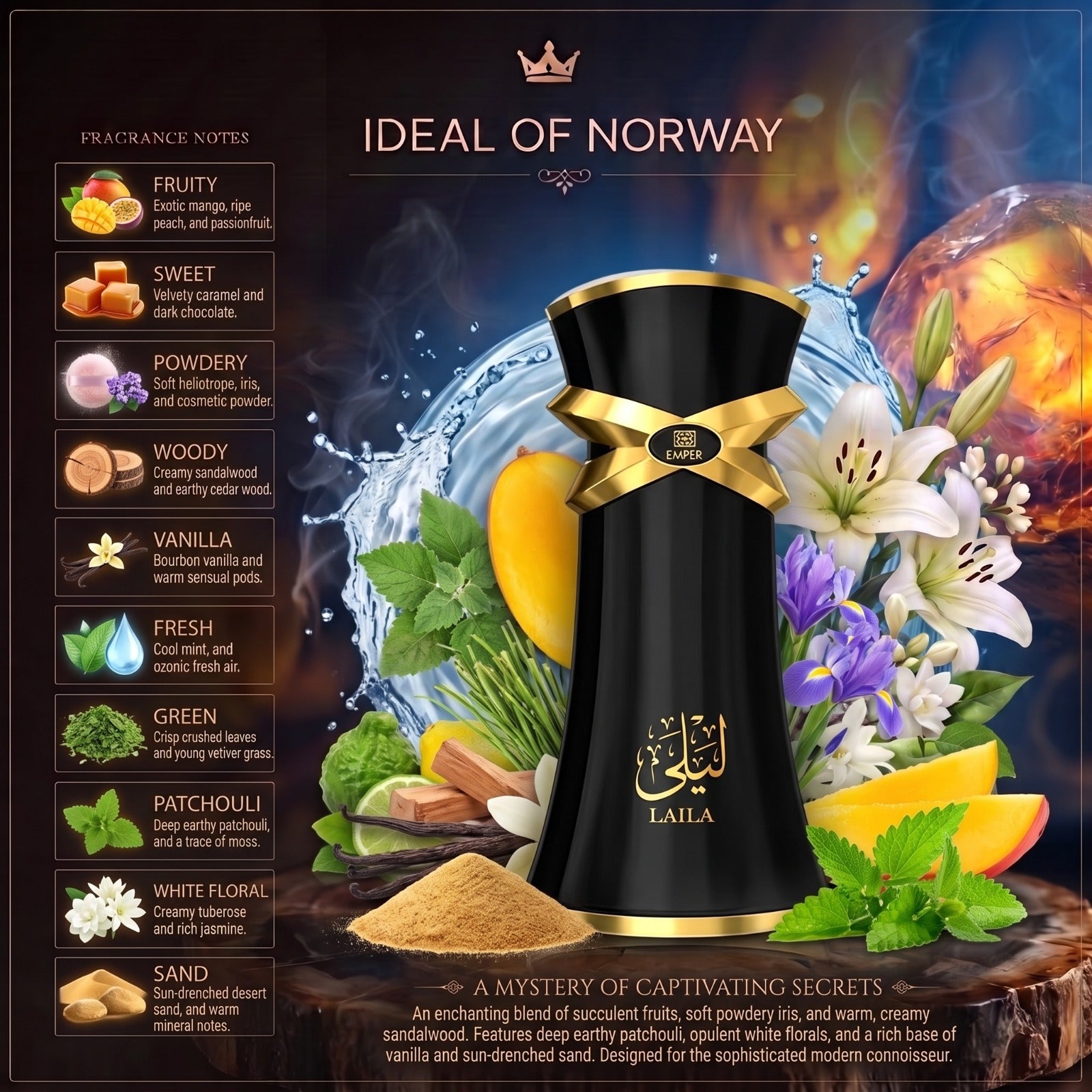 Laila Eau de Parfum med fruktige, vanilje-, sandeltre- og hvite blomsternoter i et luksuriøst flaskedesign.