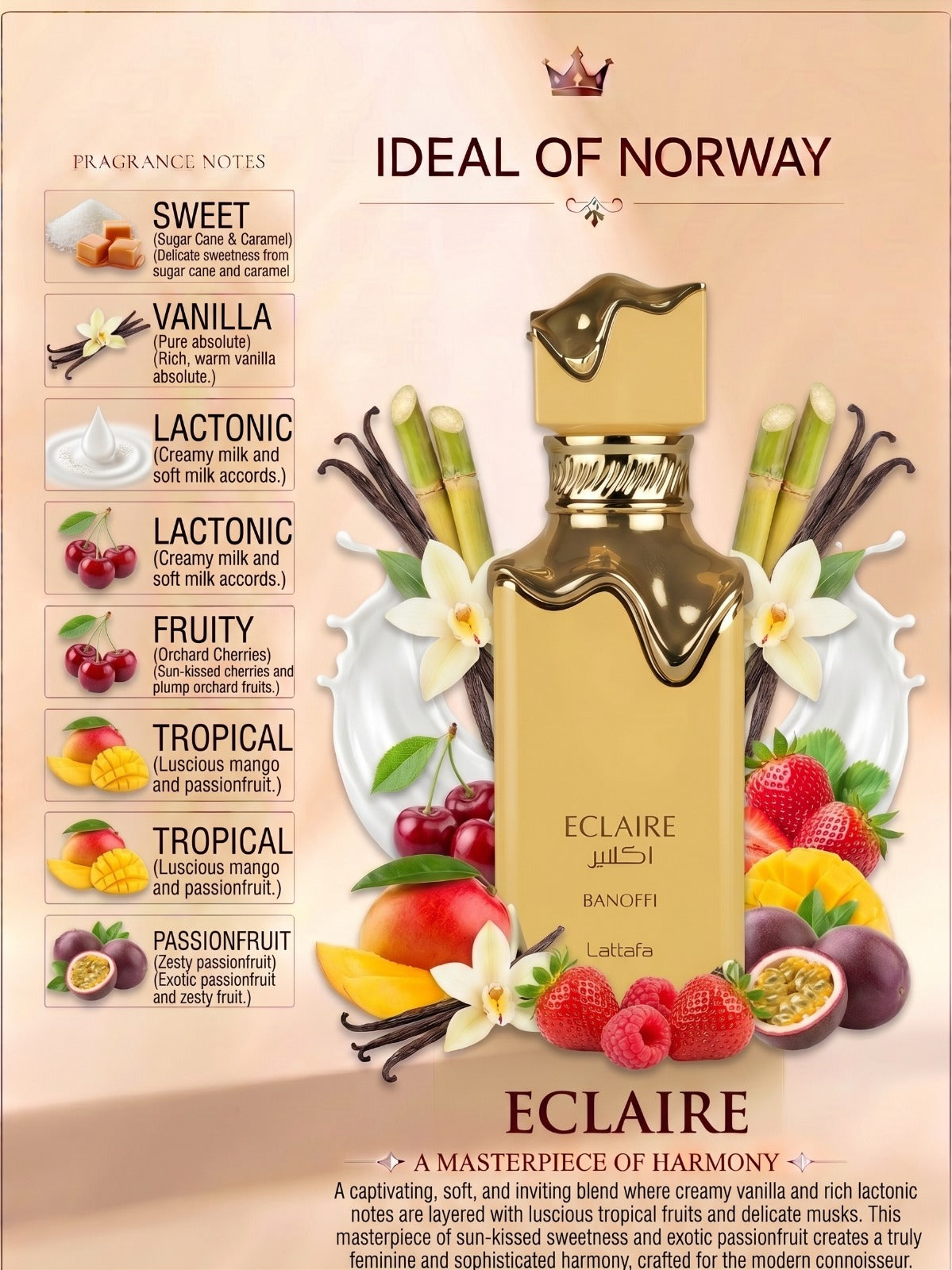 Lattafa Eclaire Banoffi perfume bottle with vanilla, tropical fruit and creamy fragrance notes