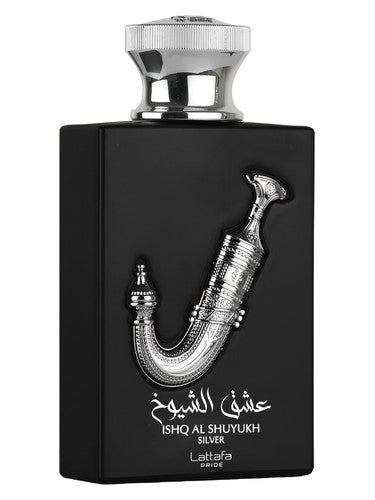 Lattafa Pride Ishq Al Shuyukh Silver 100ml black and silver perfume bottle