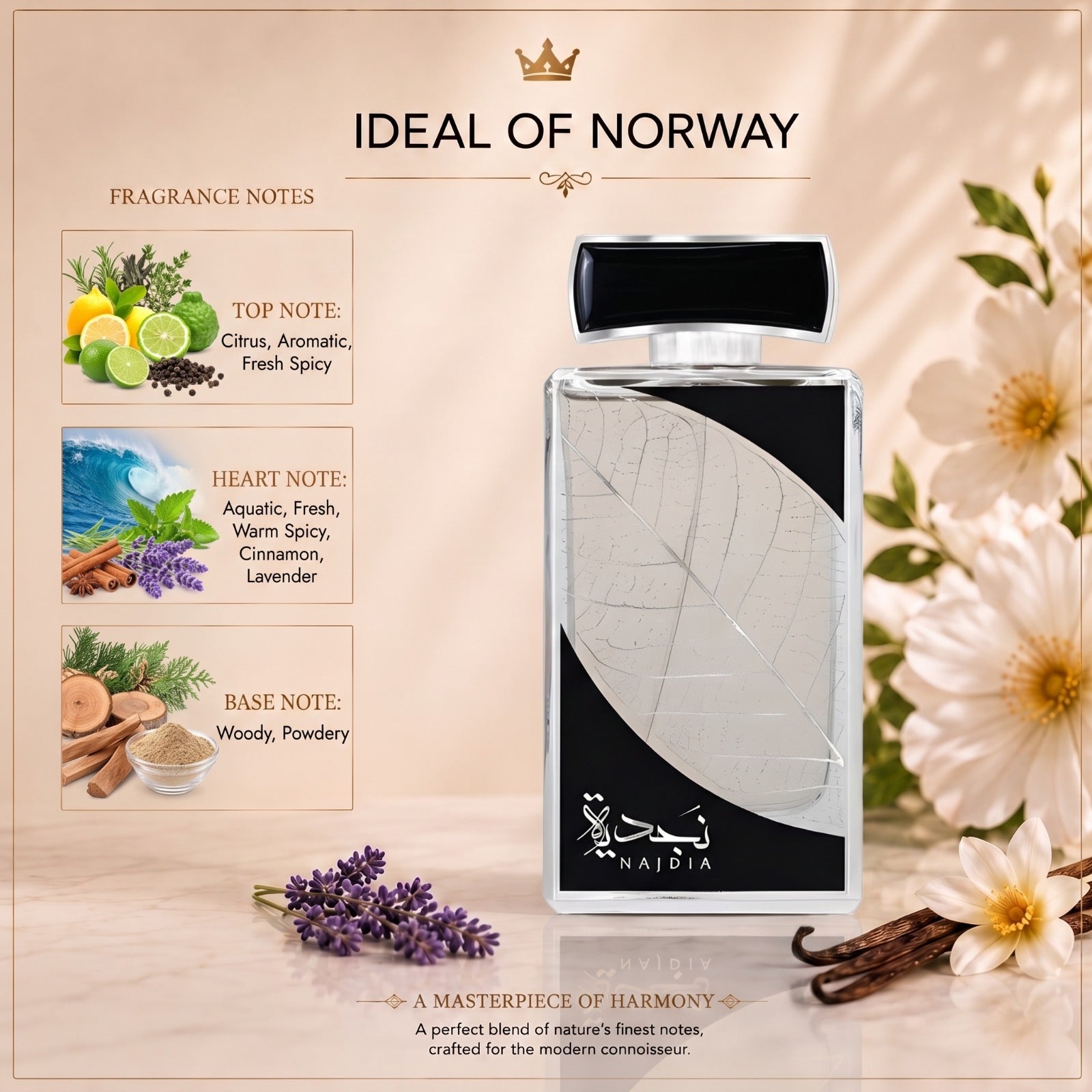 Lattafa Najdia fragrance notes with citrus aquatic spicy and woody accords