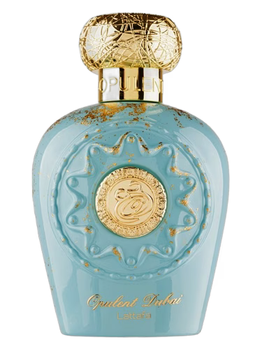 Lattafa Opulent Dubai 100ml perfume bottle in blue and gold