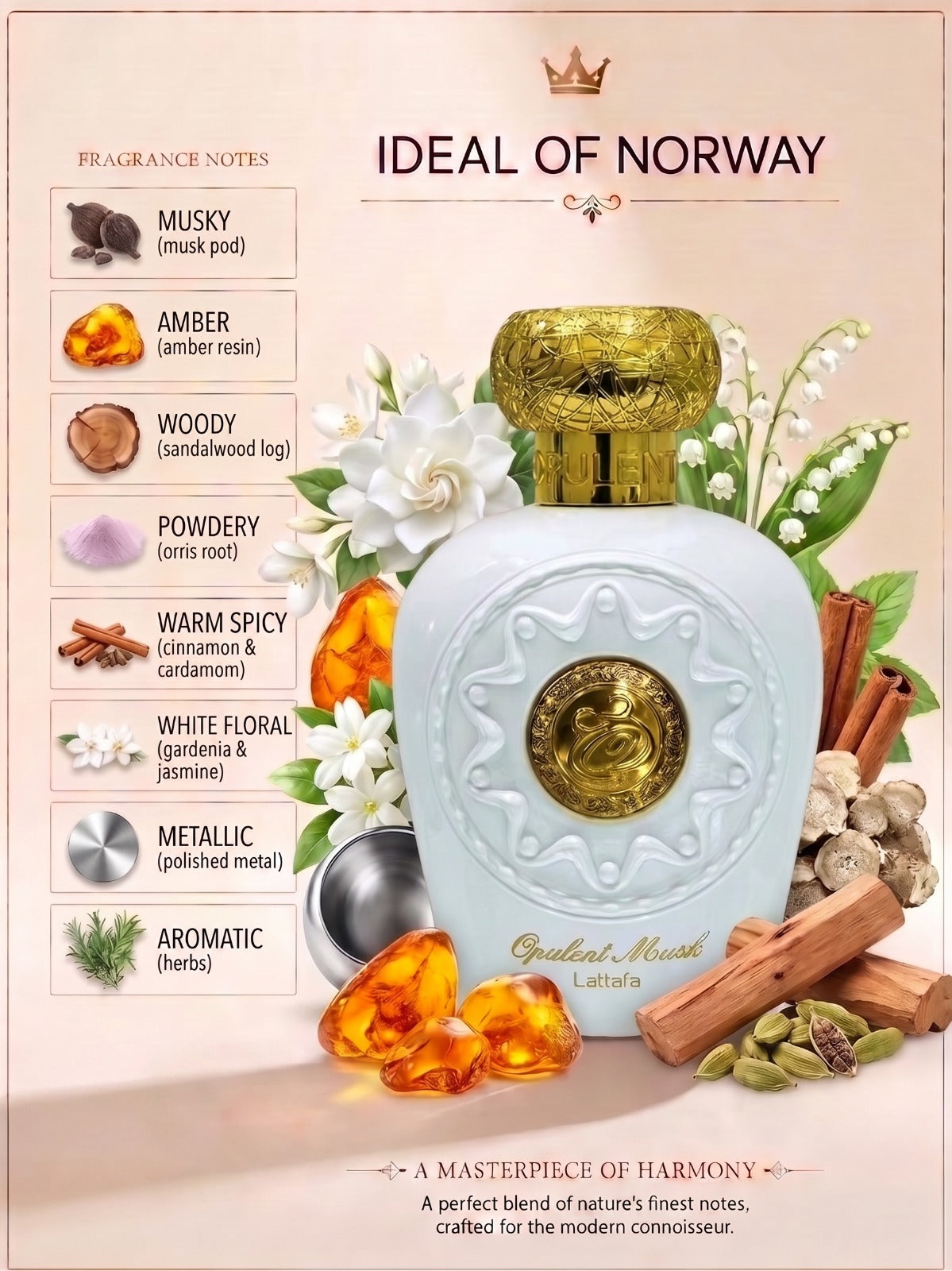Lattafa Opulent Musk fragrance notes with musk amber woody and floral accords