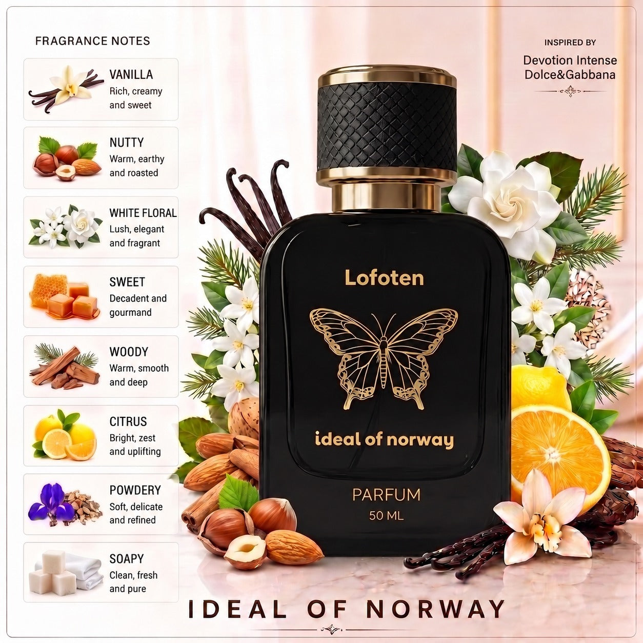 Lofoten 440 Eau De Parfum Til Dame & Herre fra Ideal of Norway – luksuriøs unisex-parfyme med vanilje, hvite blomster, sitrus og varme trenoter.