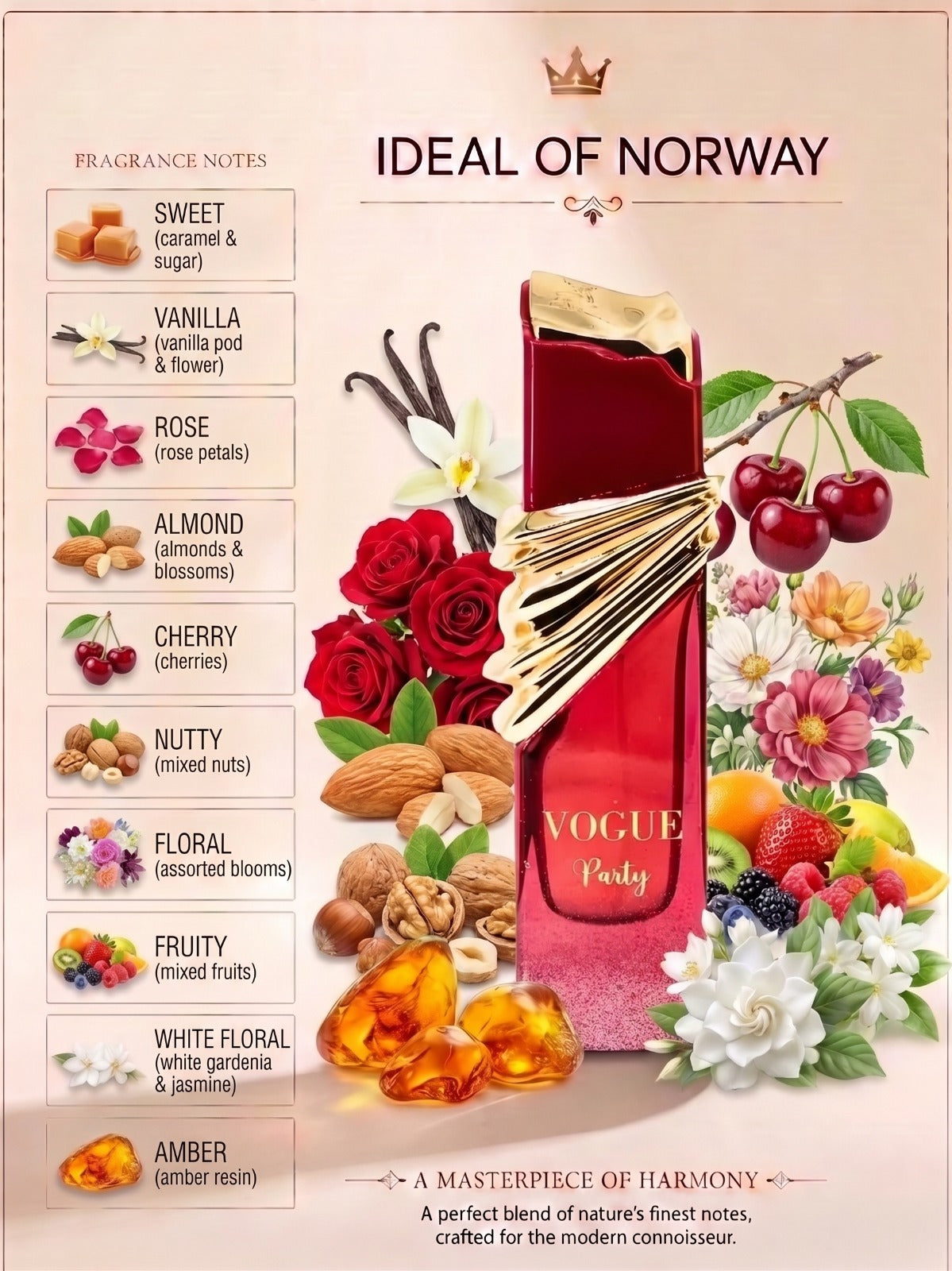Maison Alhambra Vogue Party fragrance notes with cherry almond vanilla and floral accords