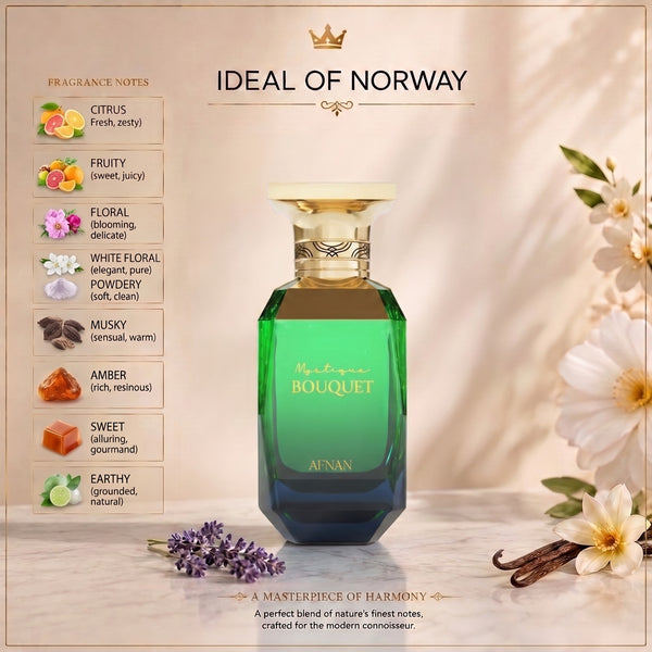 Mystique Bouquet Eau de Parfum med blomster-, frukt- og musknoter i et luksuriøst flaskedesign.