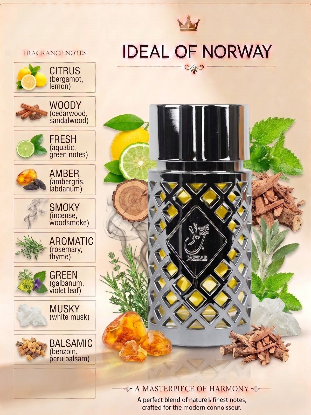 Nazlab perfume fragrance notes with citrus, woody, fresh, amber, smoky, aromatic and musky accord