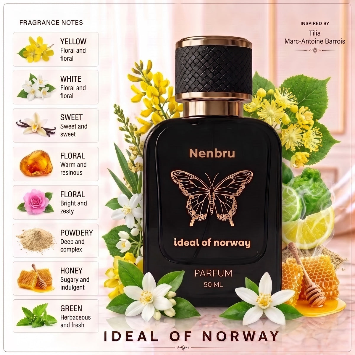 Nenbru 469 fragrance notes – floral, vanilje, honning, pudrete og grønne noter.