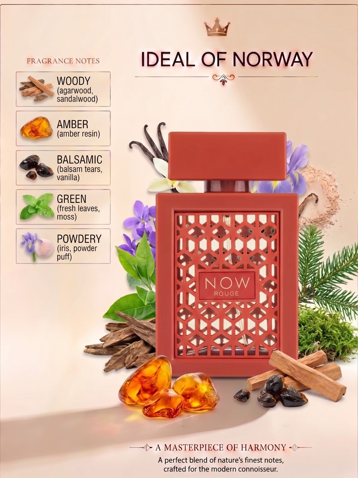  Now Rouge fragrance notes with balsamic herbal iris resin woody and sandalwood accords