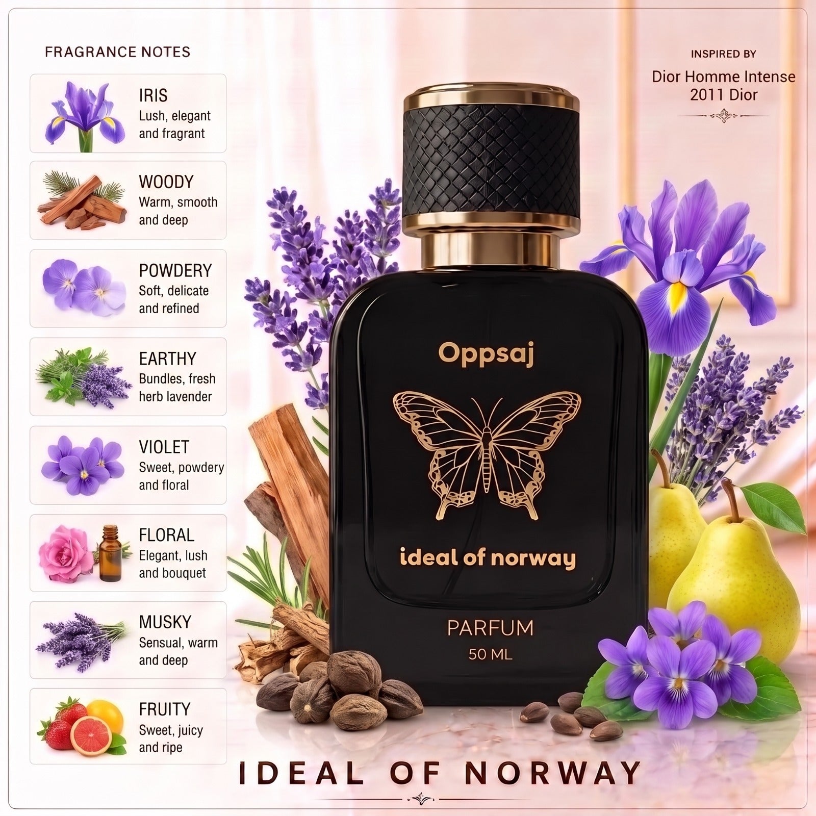 Oppsaj 442 Eau De Parfum Til Dame & Herre fra Ideal of Norway inspirert av  Homme Intense 2011 med iris, fiol, treverk og musk.