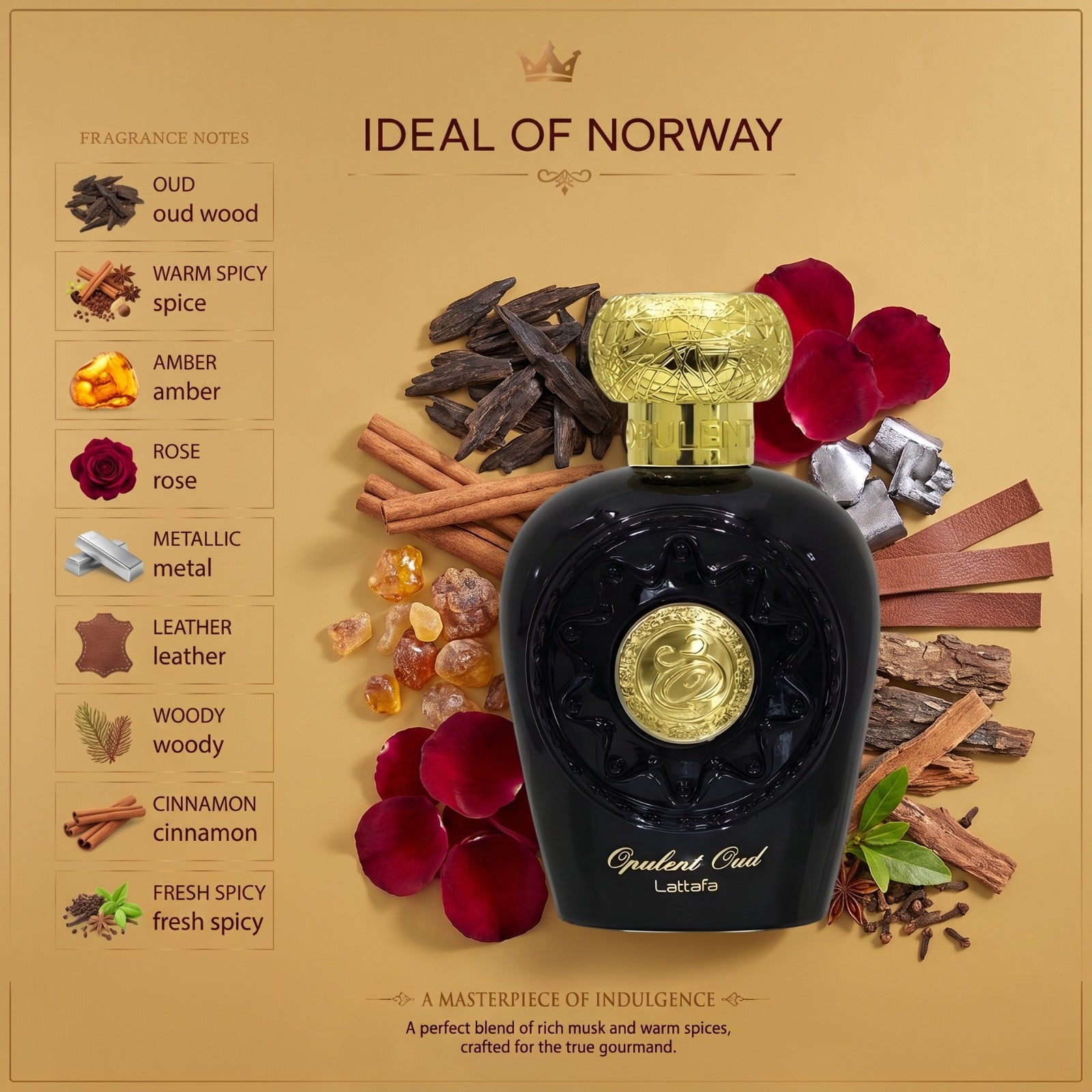 Opulent Oud Eau De Parfum med eksklusive oud-, amber- og treaktige duftnoter.