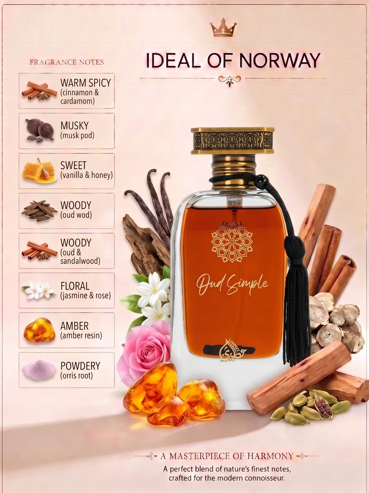 Oud Simple perfume fragrance notes with oud, sandalwood, jasmine, rose and amber