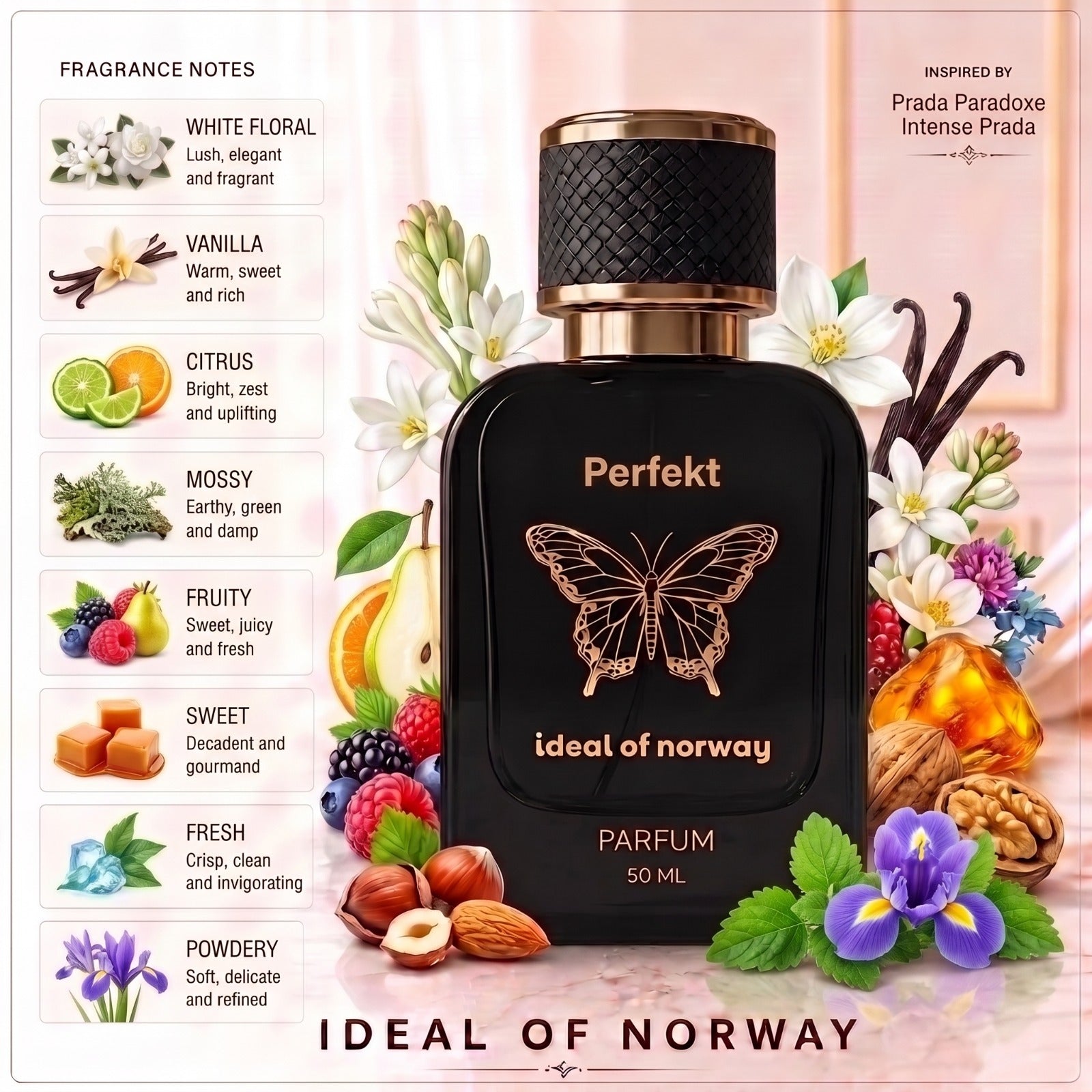 Perfekt 456 Eau de Parfum Til Dame – duftnoter med white floral, vanilje, sitrus, fruktige noter og gourmand-akkorder fra Ideal of Norway.