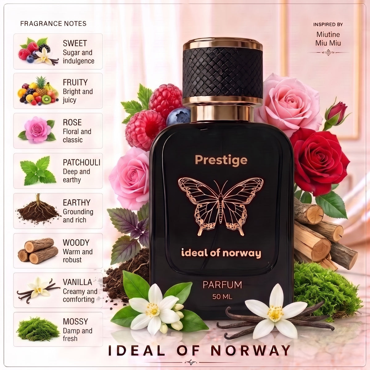 Prestige 480 fragrance notes – fruity, rose, patchouli, vanilla and woody perfume