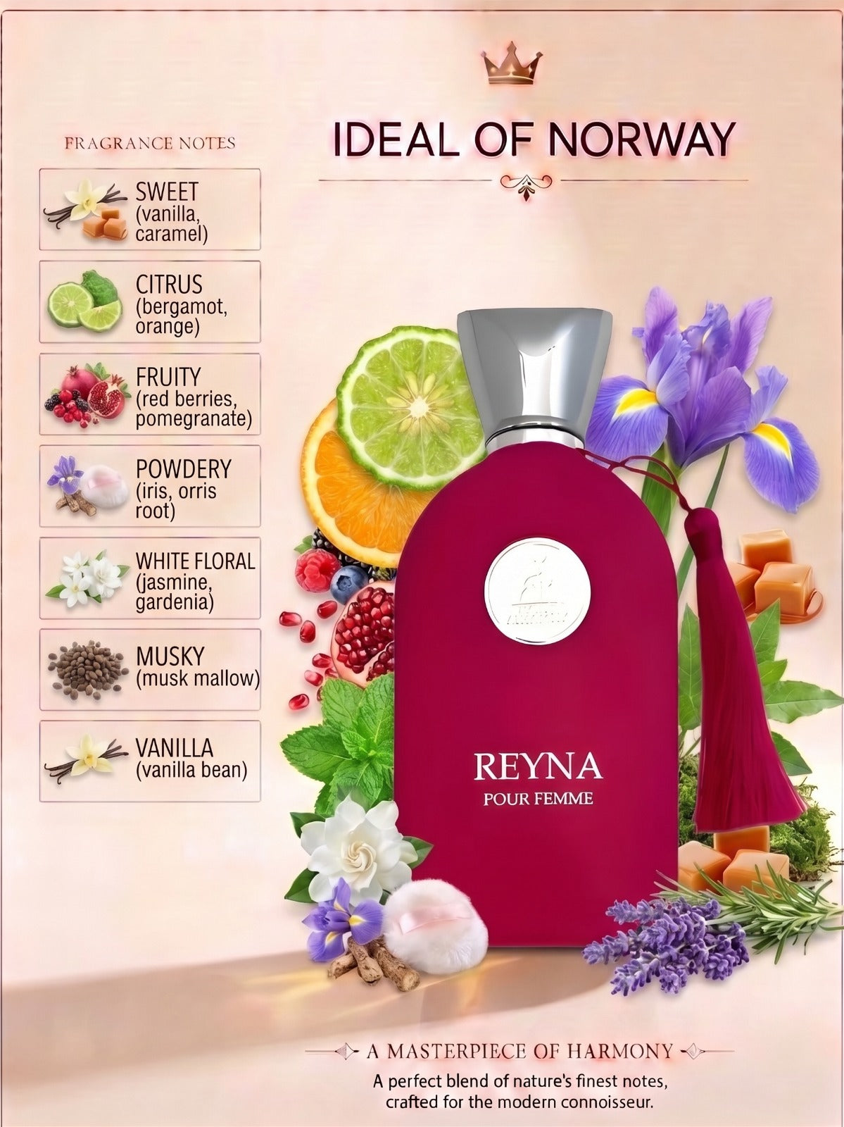 Reyna Pour Femme fragrance notes with vanilla, caramel, citrus, fruity, floral and musky notes