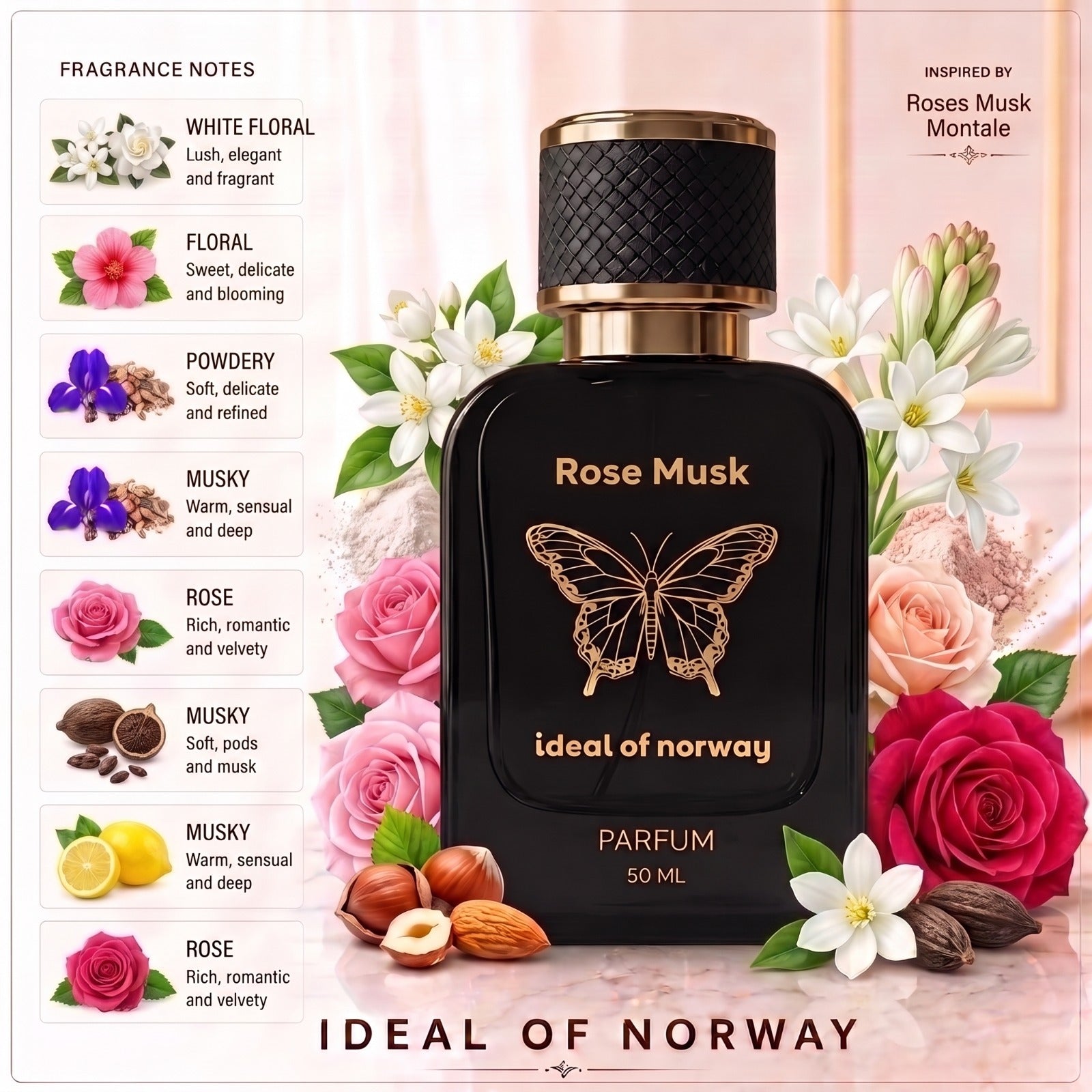 Rose Musk 419 Eau De Parfum Til Dame & Herre fra Ideal of Norway inspirert av Roses Musk med rose, hvite blomster, musk og puddernoter.