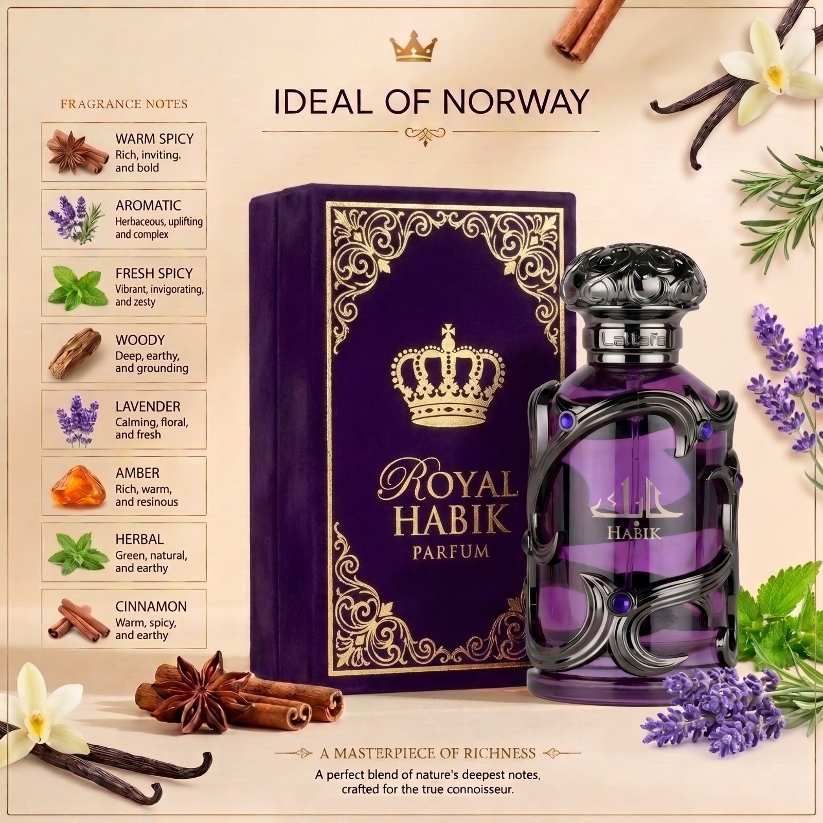 Royal Habik Parfum med blomstrende, fruktige og varme ambernoter.