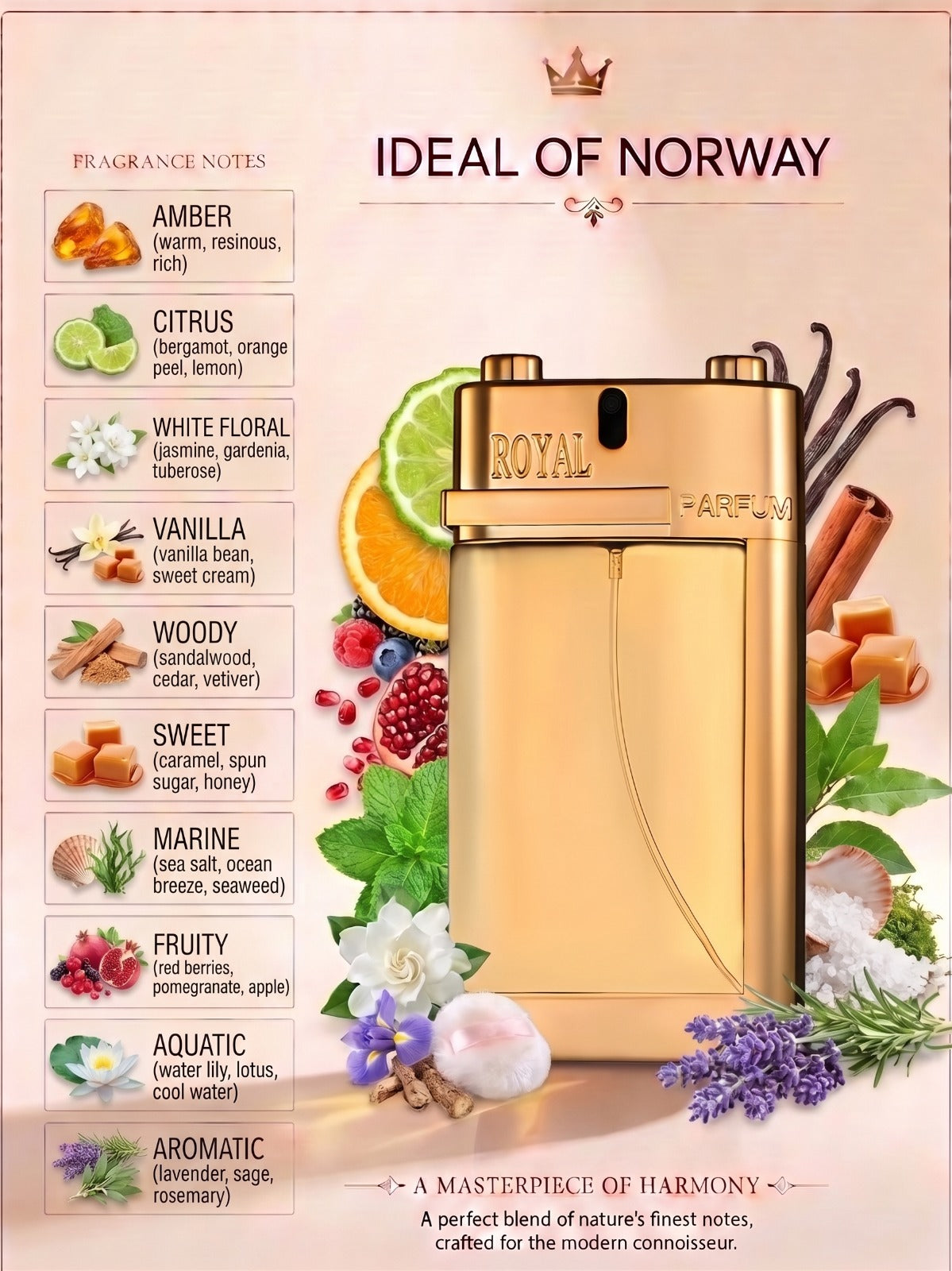 Royal Parfum perfume with amber citrus vanilla woody marine fruity aquatic and aromatic fragrance notes