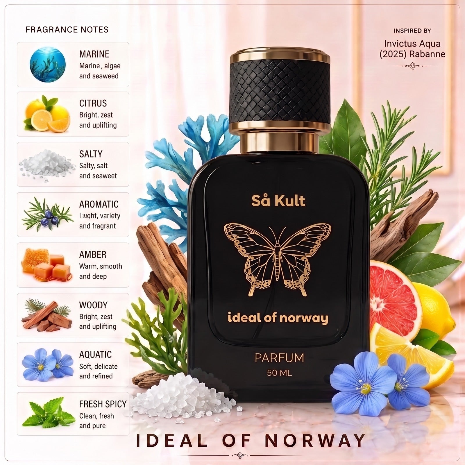 Så Kult 462 Eau de Parfum Til Herre – marine, sitrus, salte, aromatiske, amber og treaktige duftnoter fra Ideal of Norway.