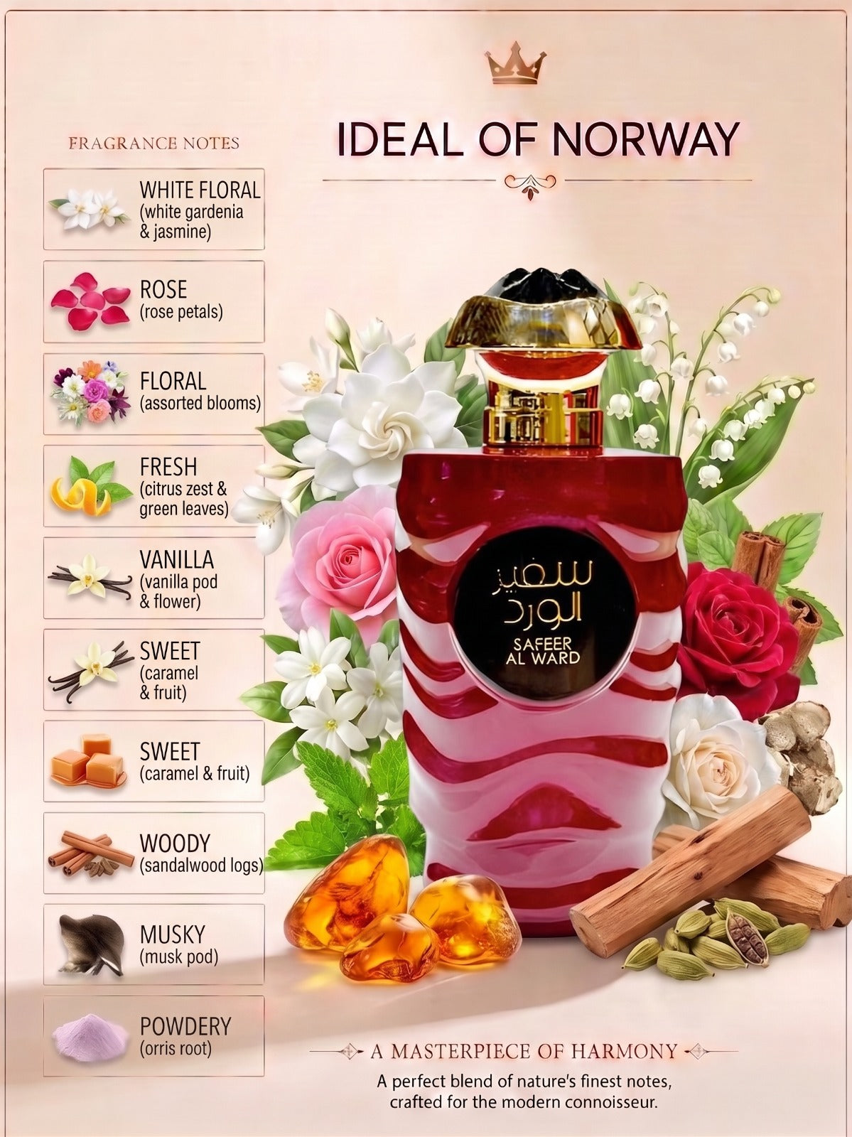 Safeer Al Ward Ideal of Norway perfume fragrance notes with rose vanilla floral and woody notes