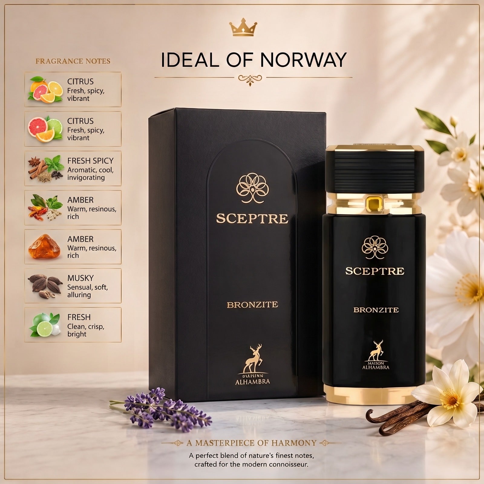 Sceptre Bronzite Eau de Parfum med varme krydder, amber, orientalske og treaktige duftnoter.