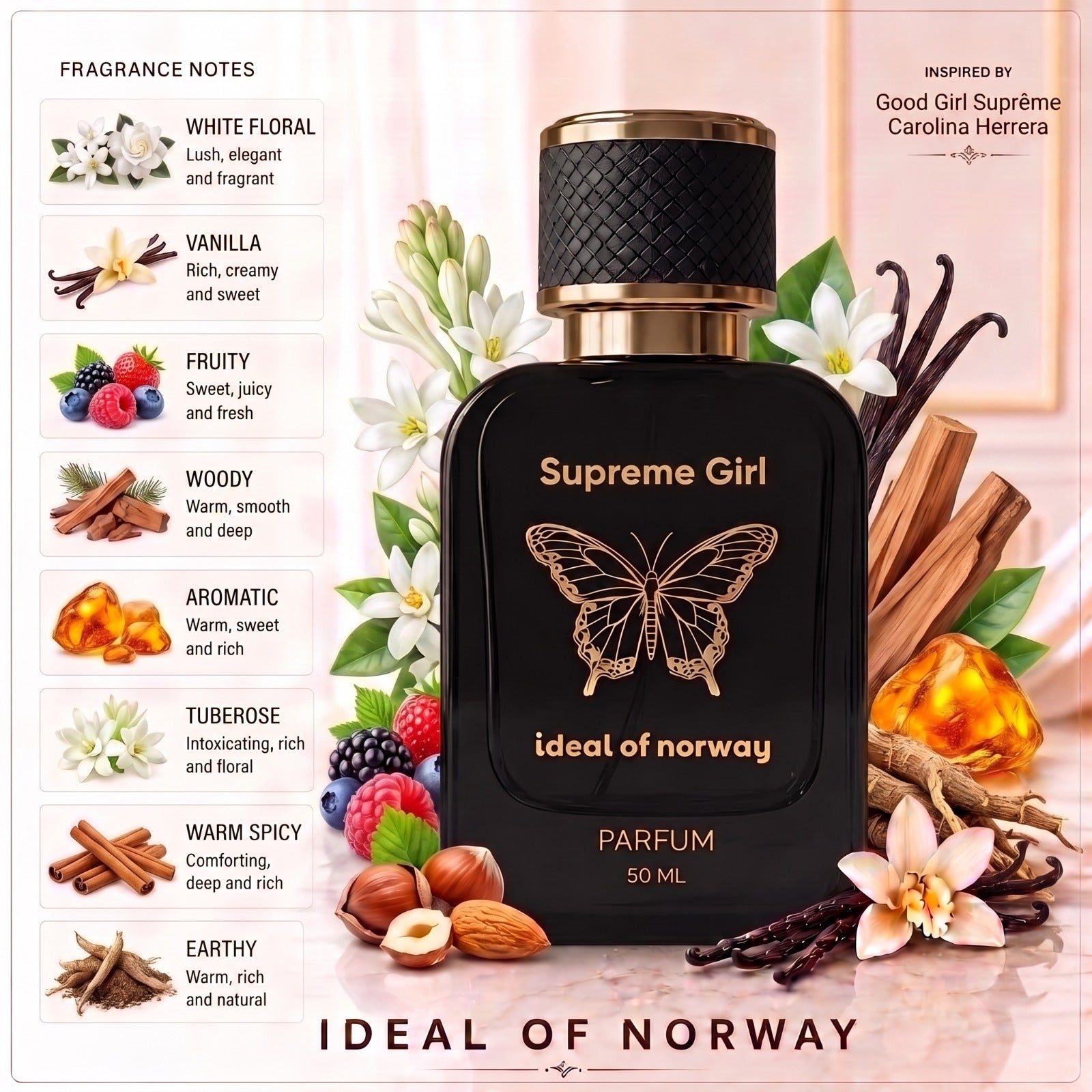 Supreme Girl 457 Eau de Parfum til Dame fra Ideal of Norway inspirert av Good Girl Suprême med vanilje, hvite blomster og varme trenoter.